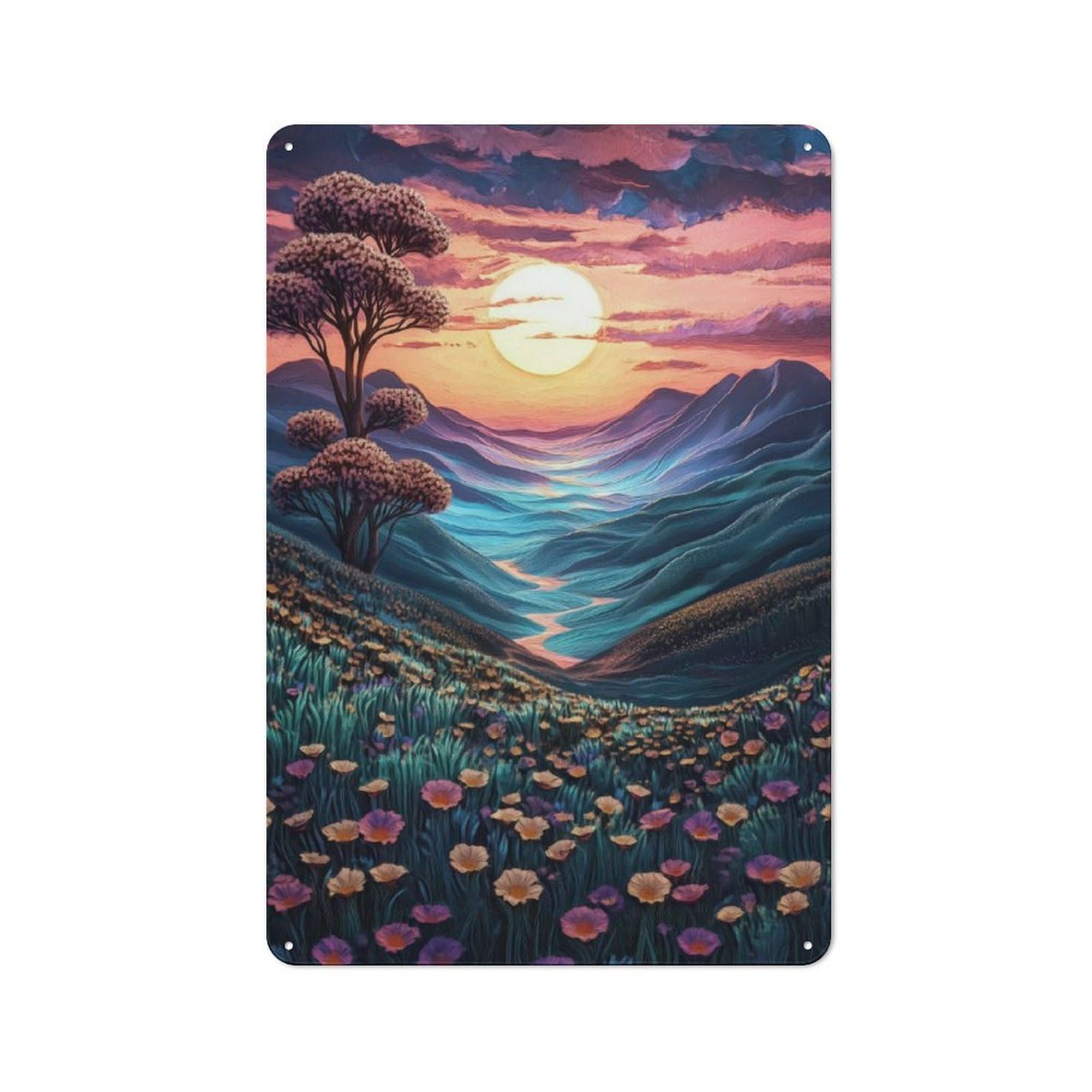 Junmoney Sunset Mountain Valley Metal Sign 30X20cm With For Home Bar Wall, Rustic Decor, For Collectors Decorating Home Bars And Entertaining Spaces
