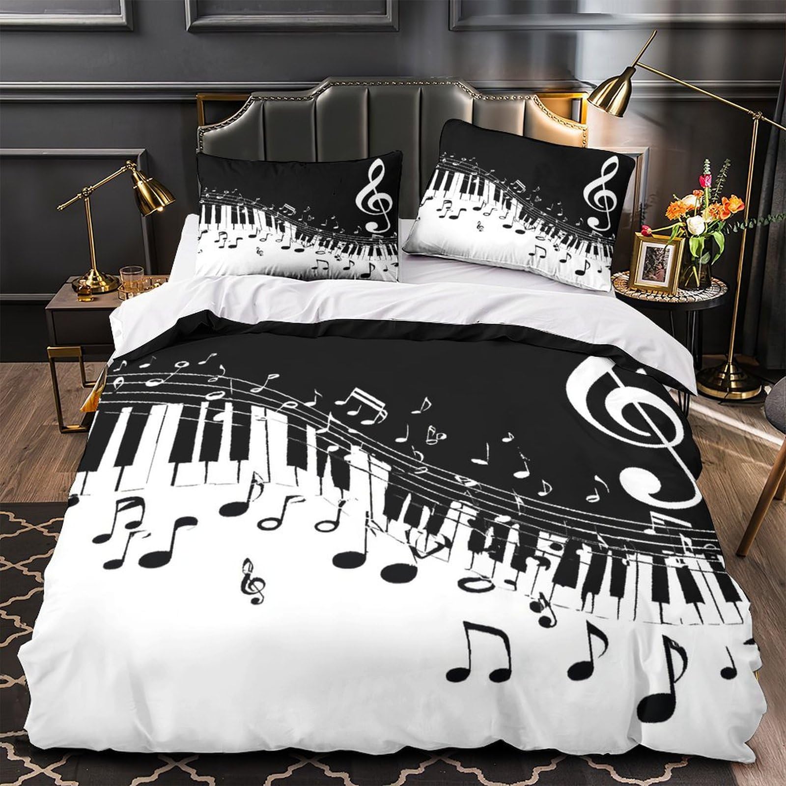 Parure de lit 3D notes de musique ultra douce en microfibre avec fermeture éclair