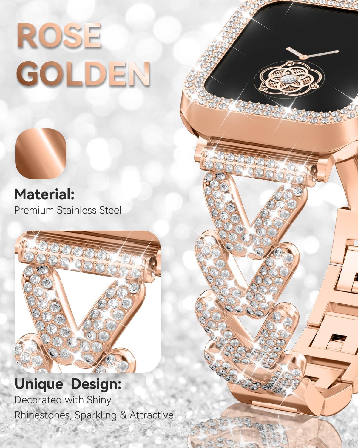 V-800個 ダイヤモンドが散りばめられたメタルバンドとケース、Apple Watch 38mm-49mm (10/1/SE/Ult