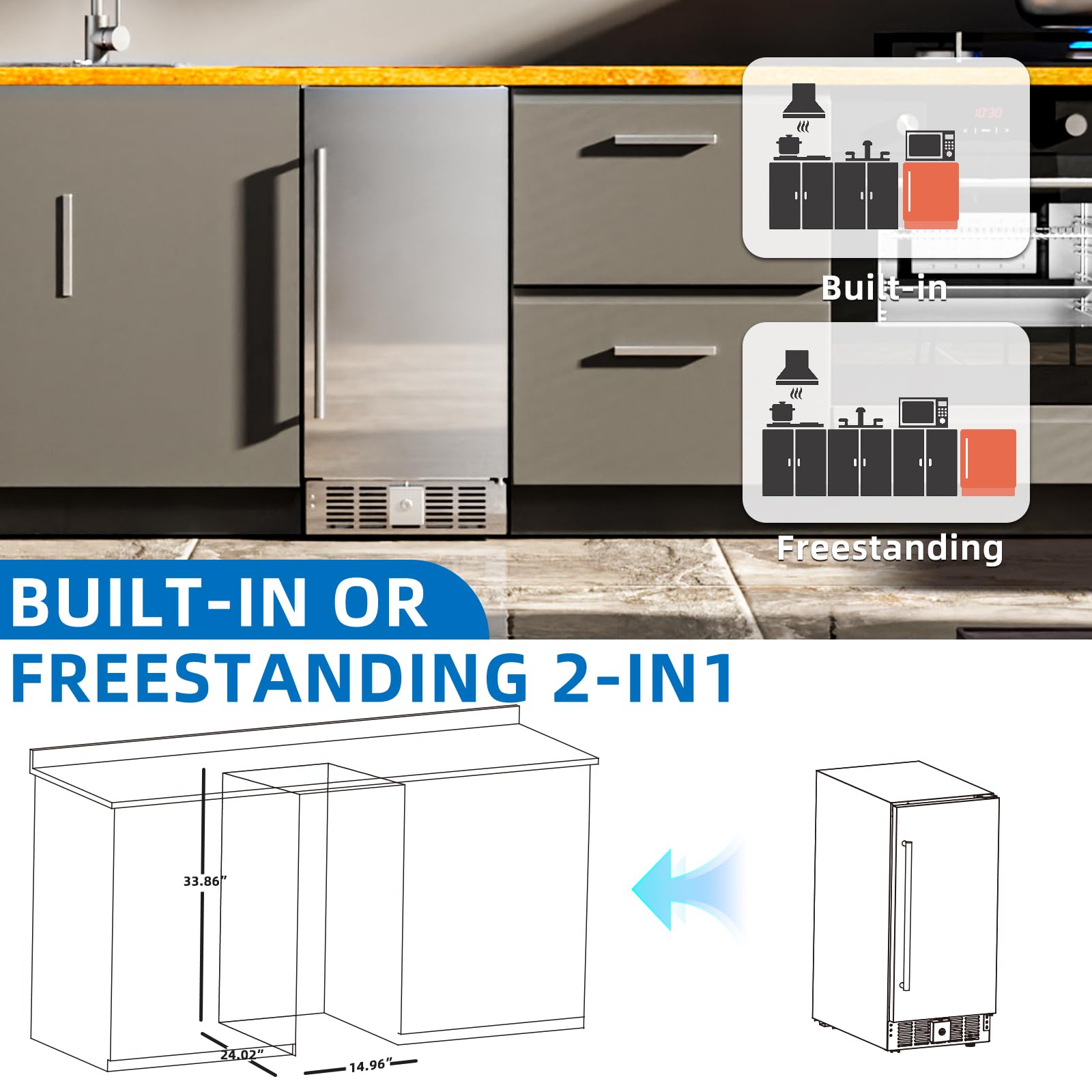Antarctic Star 15 Inch Undercounter Beverage Refrigerator, 135 Can Built-In Or Freestanding Compact Beverage Cooler With Stainless Steel Door, Outdoor Refrigerator For Patio Home Kitchen on Fridge.com - View 6