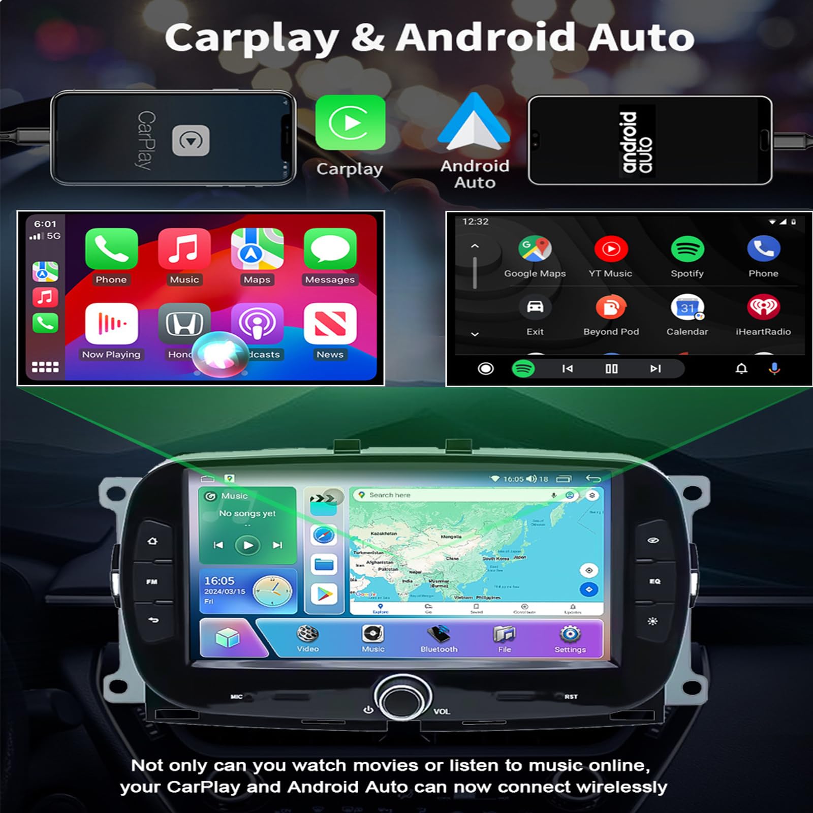 Android 15 Radio Samochodowe do F-iat 500 2016–2019 Obsługa Bezprzewodowego CarPlay i Android Auto, 7-calowy Ekran Dotykowy, GPS, WiFi, Bluetooth, Mirror Link, FM, Sterowanie z Kie(Size:8Core 6+128G)