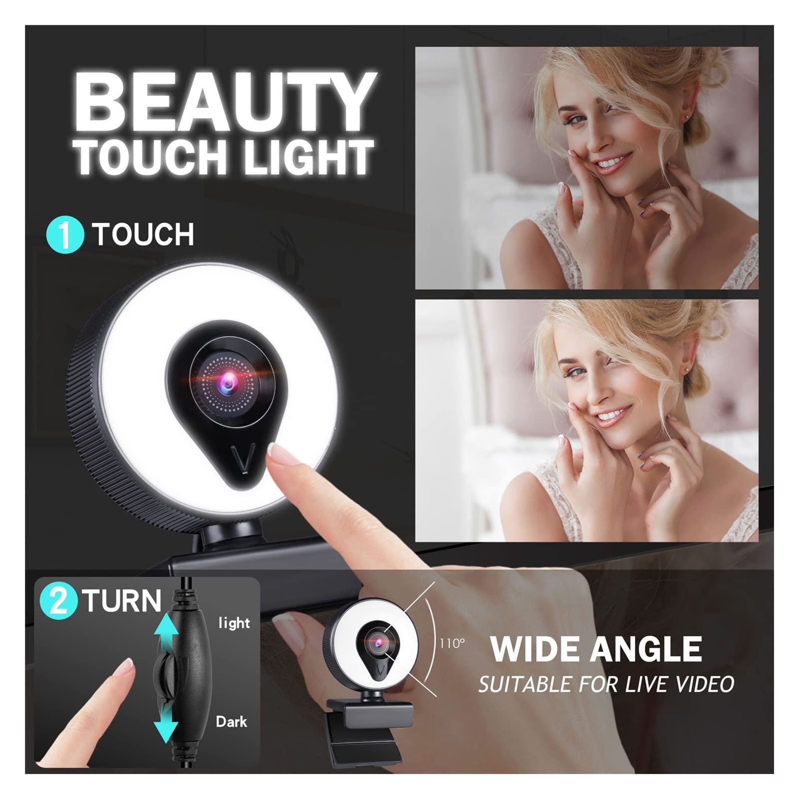 Web cam Webcam 4K 2K 1080P. Con microfono AUTO FOCUS FOCUS fotocamera web 3 gradi anello luce abbellimento di illuminazione video for la webcam di trasmissione in diretta(1080P)
