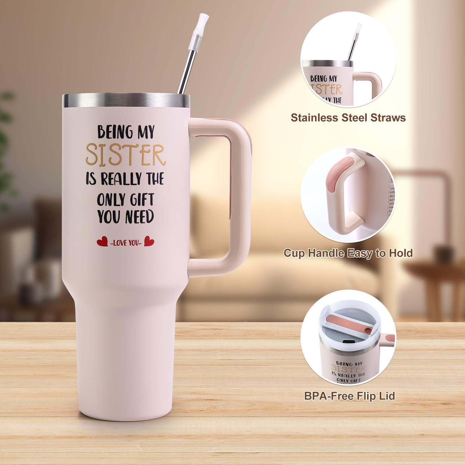 Sister Tumble with Handle 40oz Sisters Birthday Gifts - Sister Gifts from Sisters, Stainless Steel Insulated Travel Cup with Lid, Funny Mother’s Day, Christmas Gifts for Sis Bestie Best Friend - Image 4