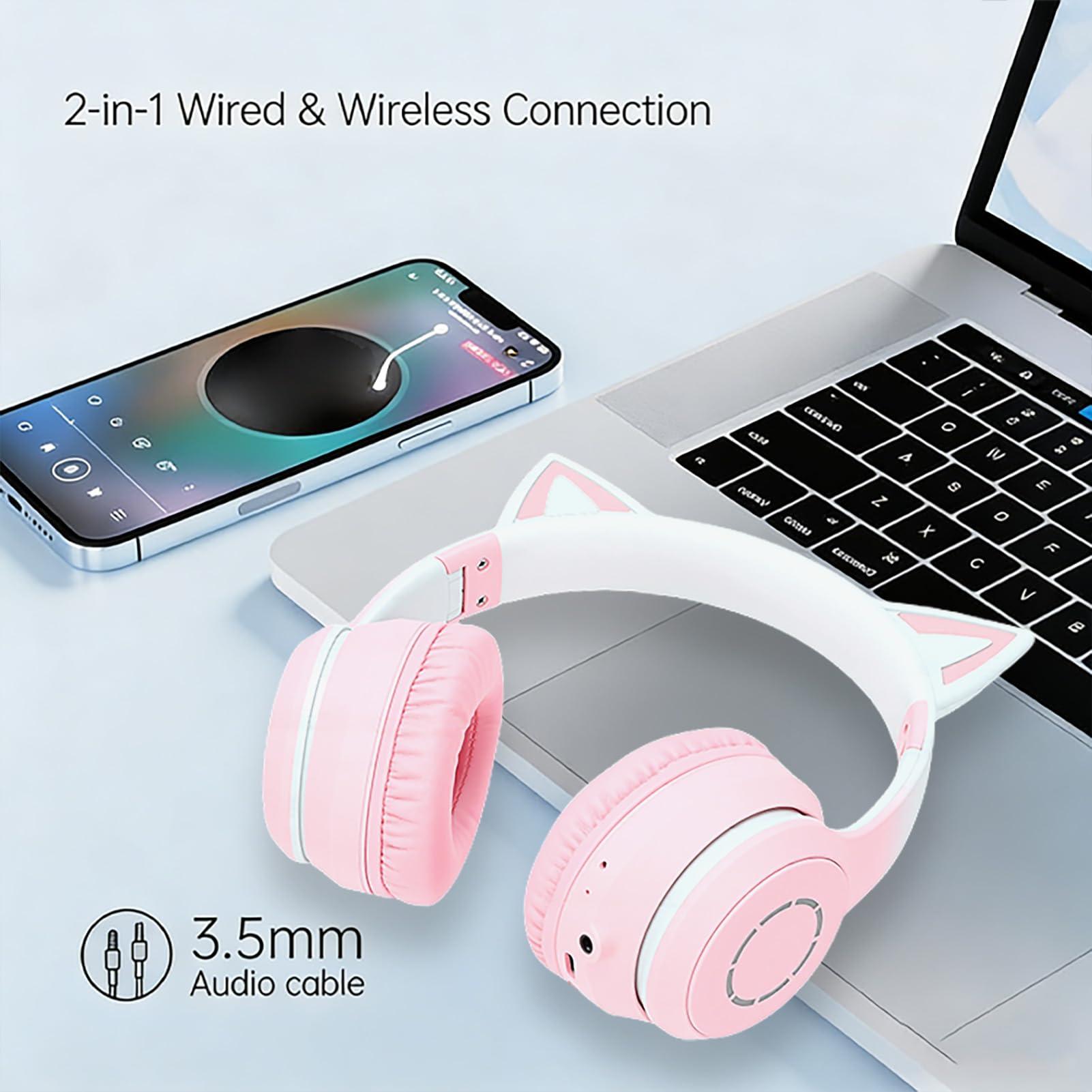 Kabelloses Gaming-Headset, niedliche Katzenohren, Bluetooth 5.3, LED-Beleuchtung, abnehmbares Mikrofon, 40-mm-Treiber, 3,5-mm-AUX-Kabel, faltbar, Bequeme Ohrpolster (PINK)