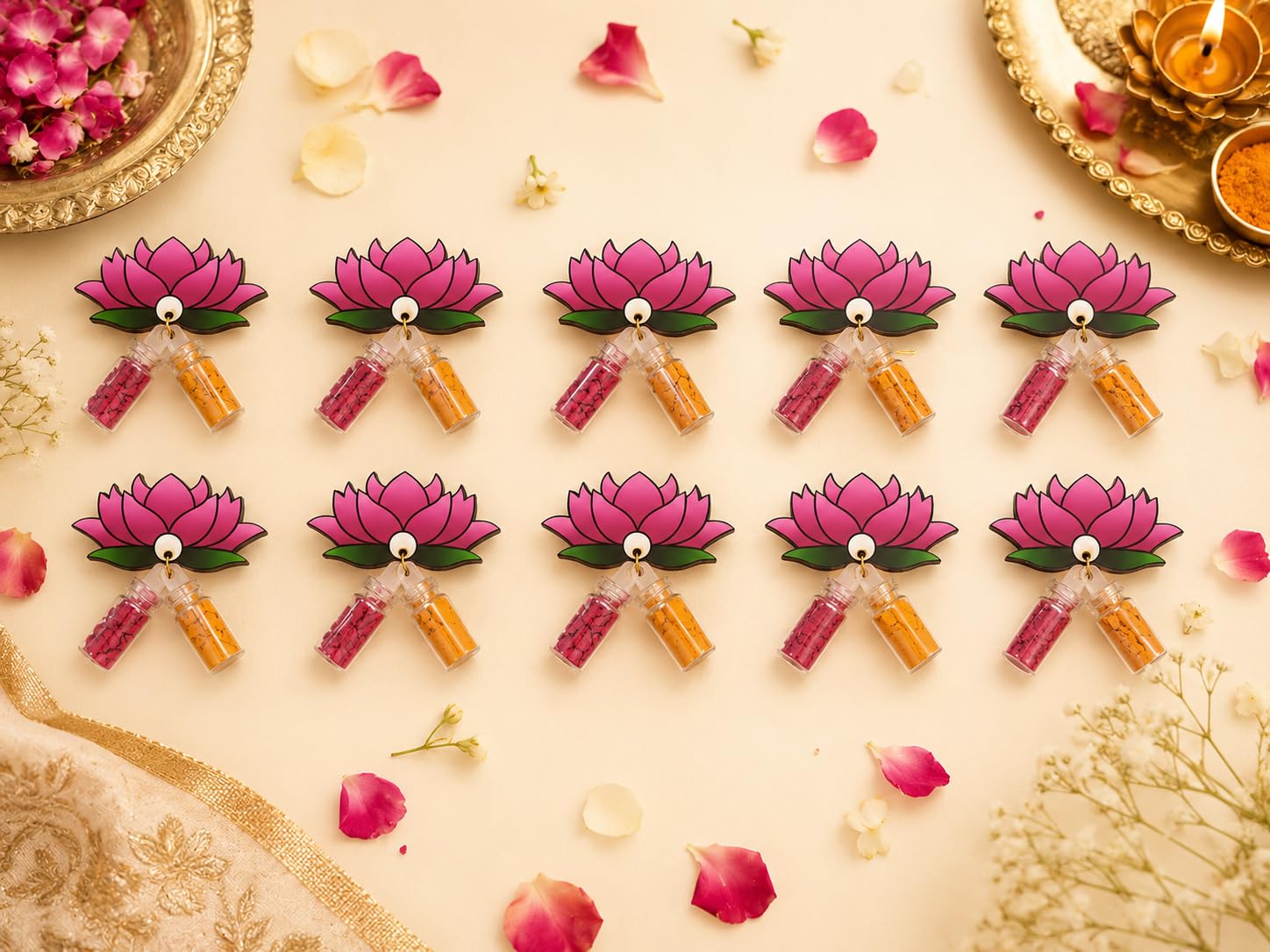 Haldi Kumkum Return Gifts in Bulk Festive Decor, Pasupu Haldi Bottle Lotus Cutout, Thamboolam Return Gifts for Wedding, Pooja, Rakhi, Navratri Diwali Gift for Family and Friends (15 Pcs)-image-49
