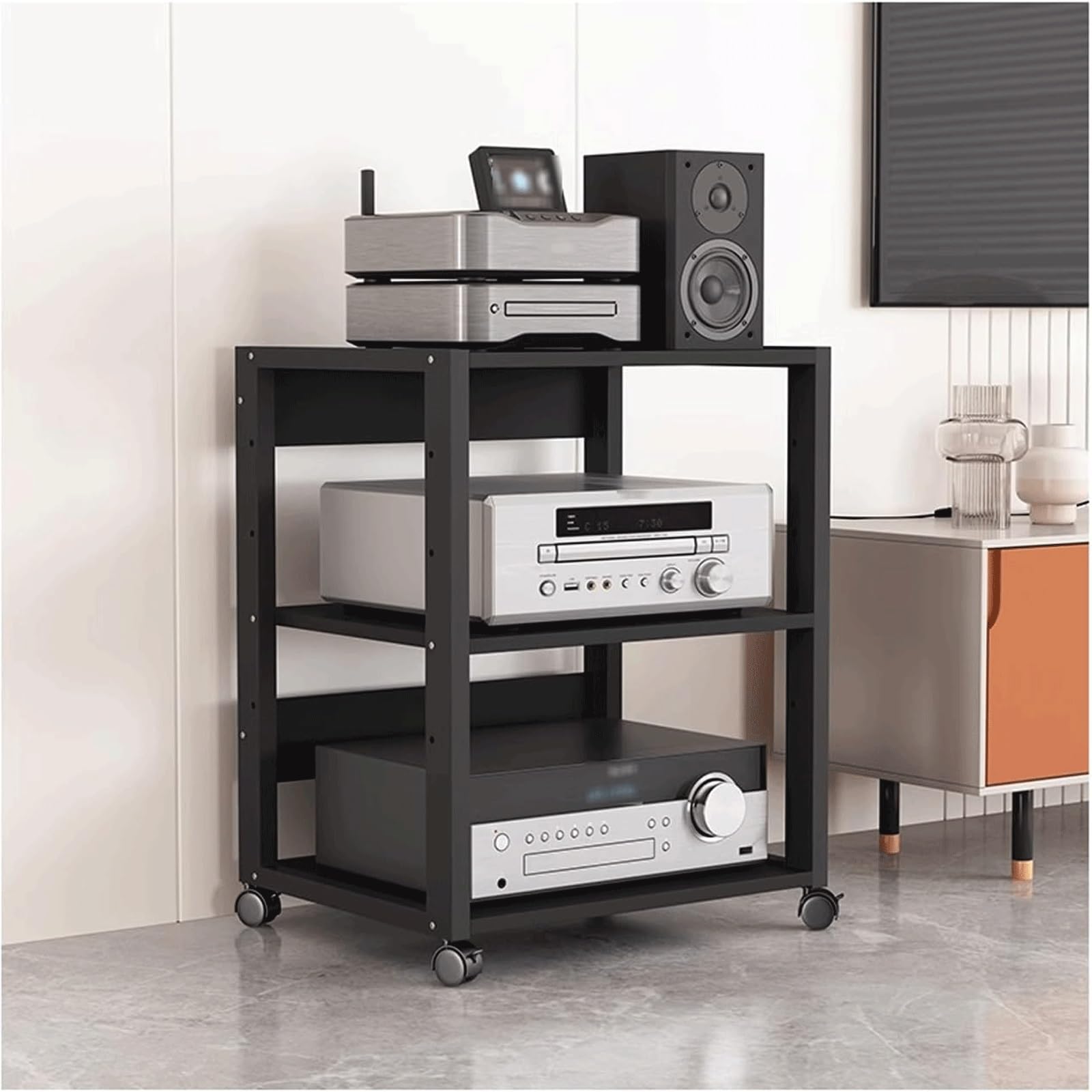 CWCQGH Mobile Audio Rack 4 Tier Wooden Stereo Cabinet with Adjustable Shelves & Wheels Equipment Stand for Home Theater & Music Systems,Nero-3 Tier