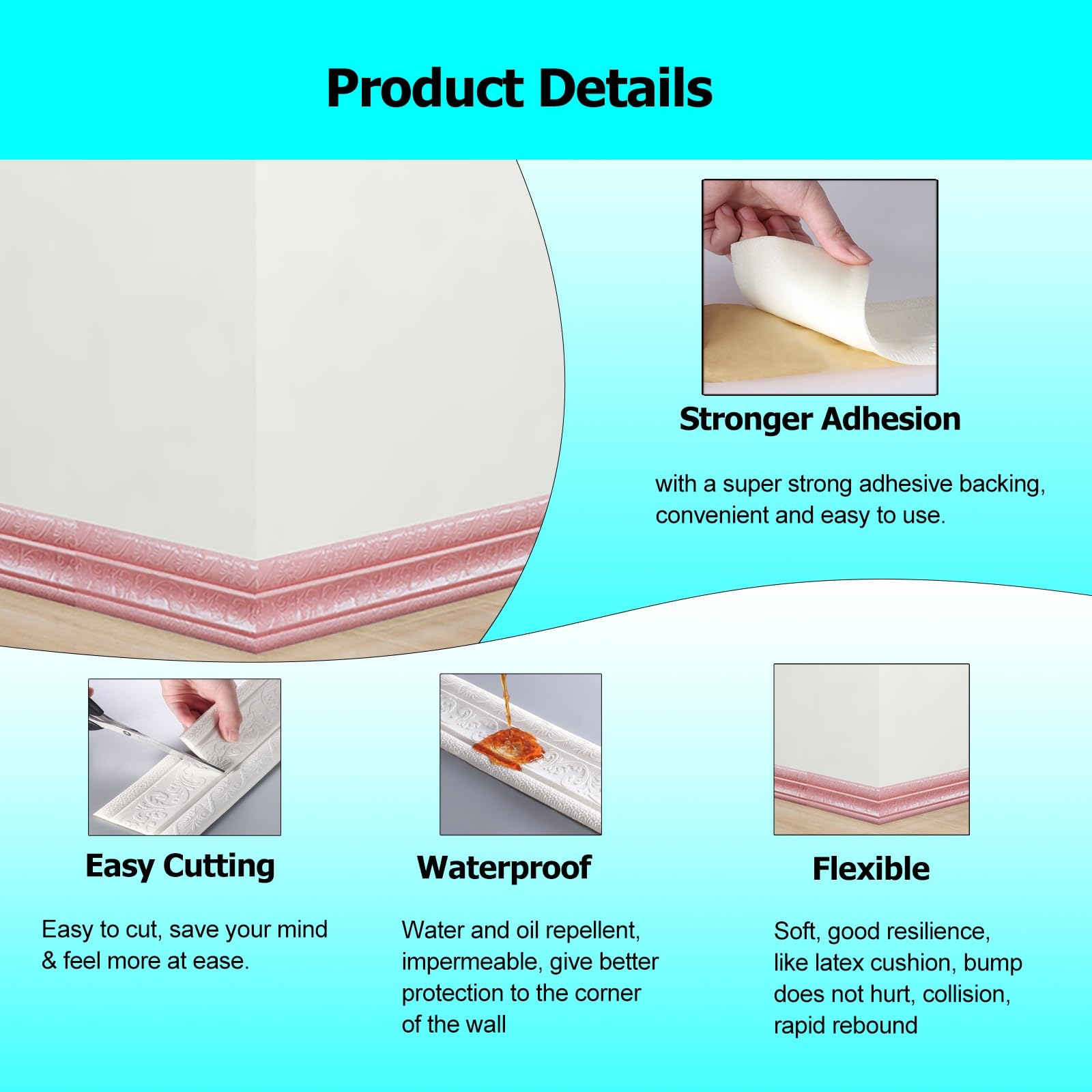 Battiscopa 10 pezzi 7,5 piedi di lunghezza per modanatura per battiscopa per la casa, impermeabile autoadesiva per modanatura per base a parete in PVC per cornice fotografica girovita(Pink)