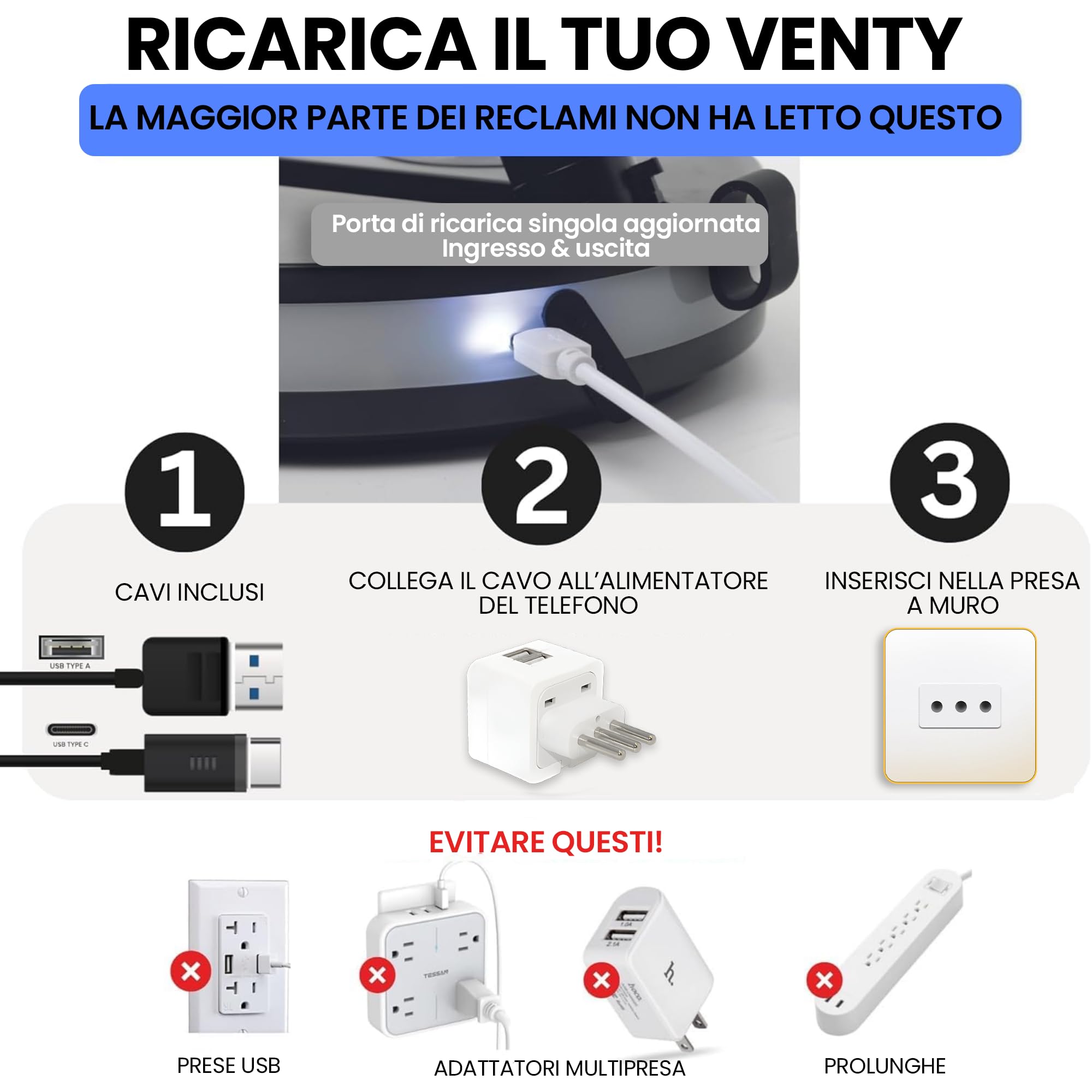 VENTY Ventilatore Portatile a Batteria Ricaricabile - Ventilatore Pieghevole con Custodia da Trasporto, Porta Usb e Telecomando - 4 Velocità, Compatto e Regolabile per Tavolo, Campeggio, Scrivania