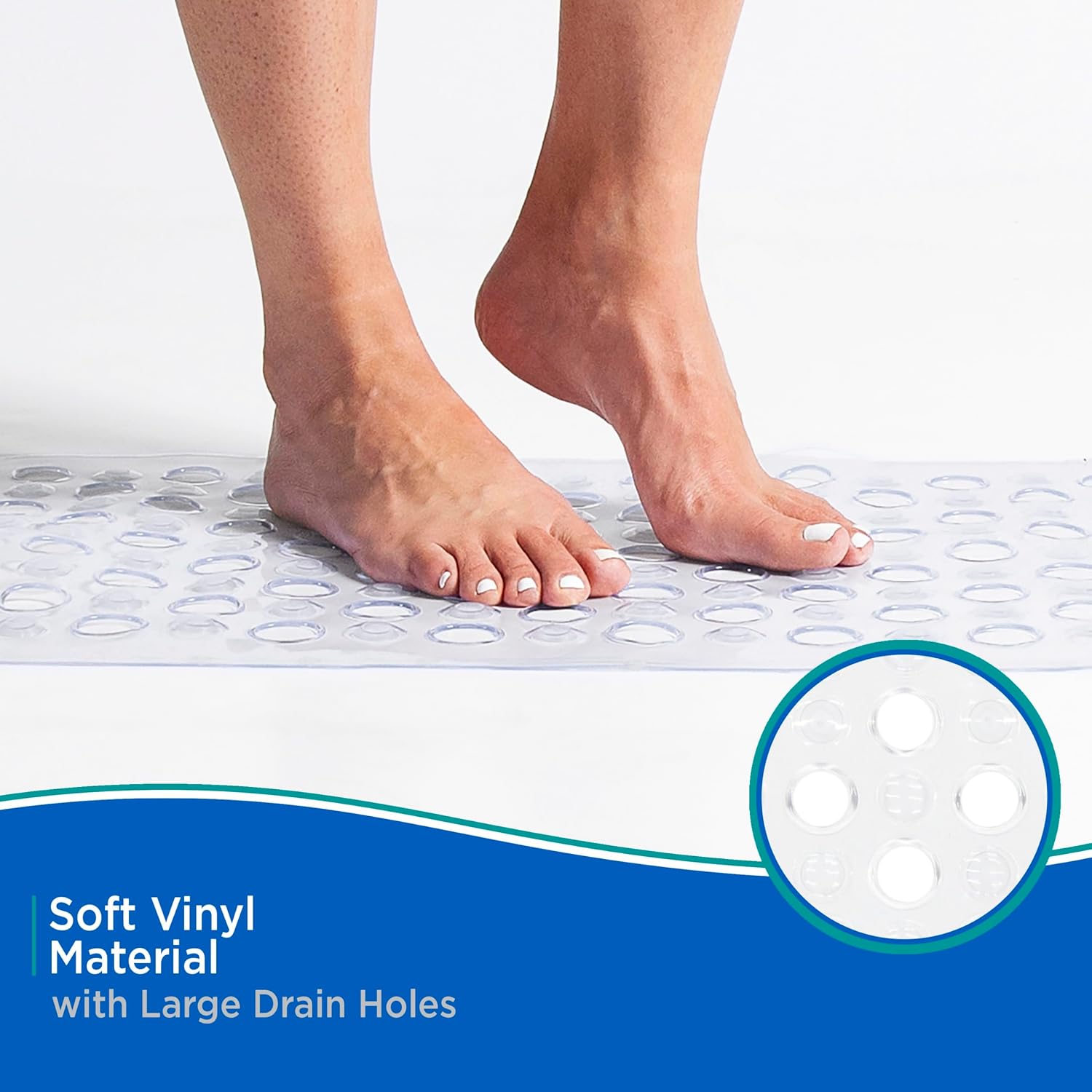 Kenney KN67243 Vinyl Bubble Bath Mat, Shower Mat, Tub Mat with Suction Cups and Large Drain Holes for Use Inside the Bathroom Shower, 27" L x 14.5" W , Clear