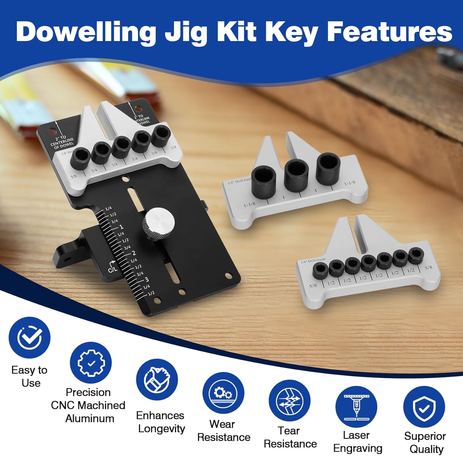 Margars 08350MK Dowelling Jig Kit Master Kit, Dowelling Jig Kit for Precision Woodworking Joinery Tool with 1/4’’, 3/8’’, 1/2’’ Dowelling Kits, CNC Machined for Durability and Long-lasting