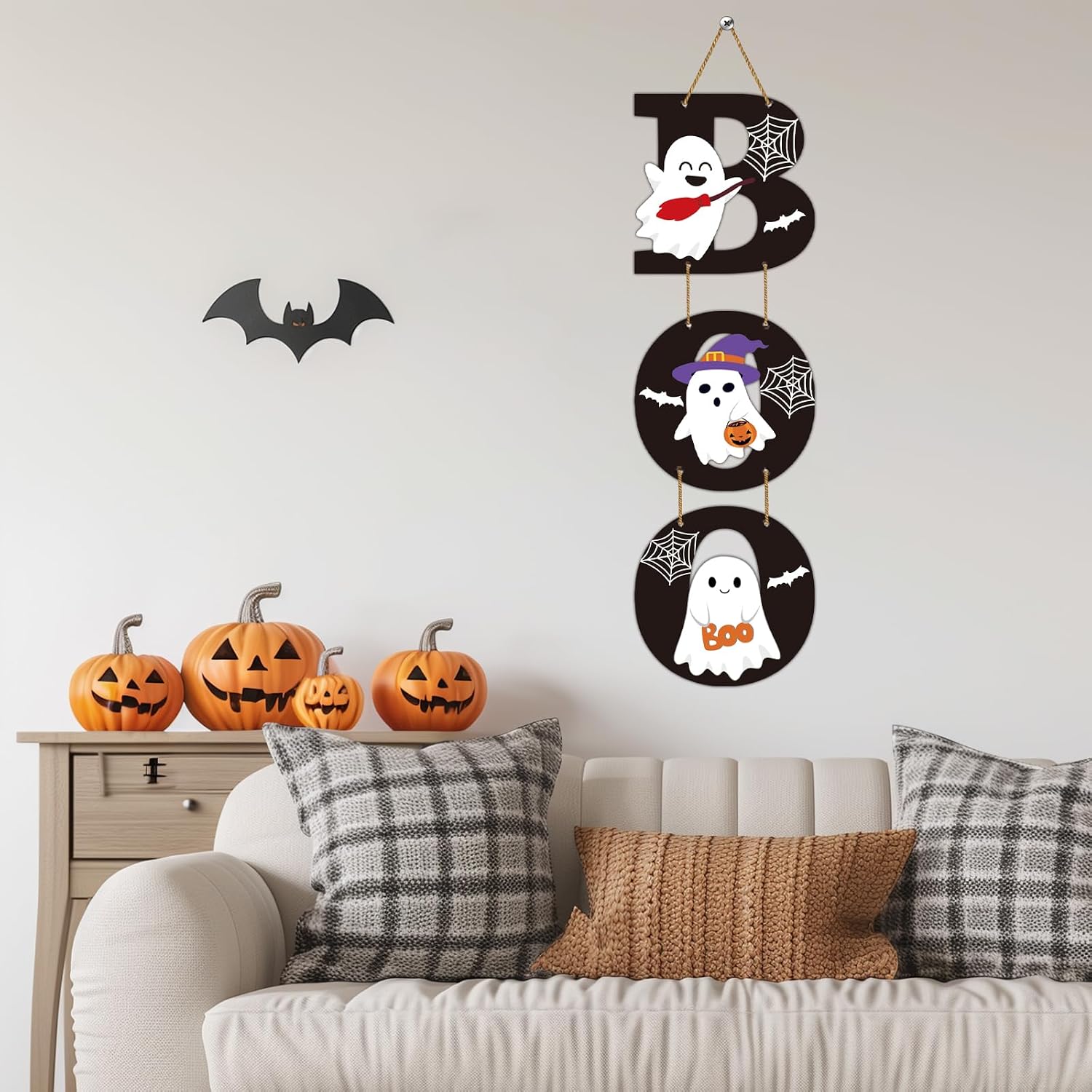 Halloween Door Decorations Halloween Wreath Cute Ghost Decor Boo Sign Bat Spider Web Wooden Front Door Hanger Ghost Hanging Sign Wreath for Wall Indoor Home Decor