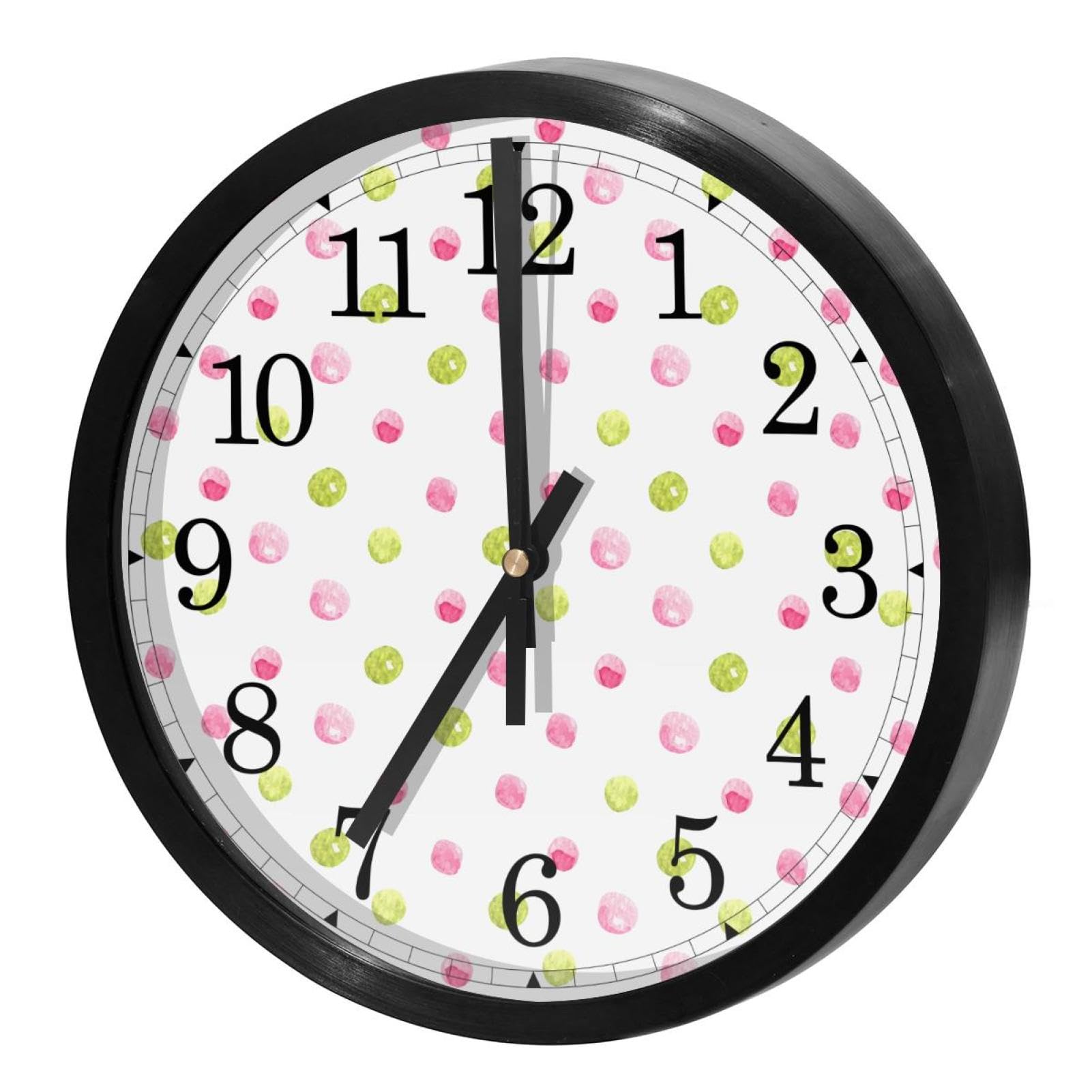 Horloge murale silencieuse à quartz ronde à pois roses et verts pour cuisine