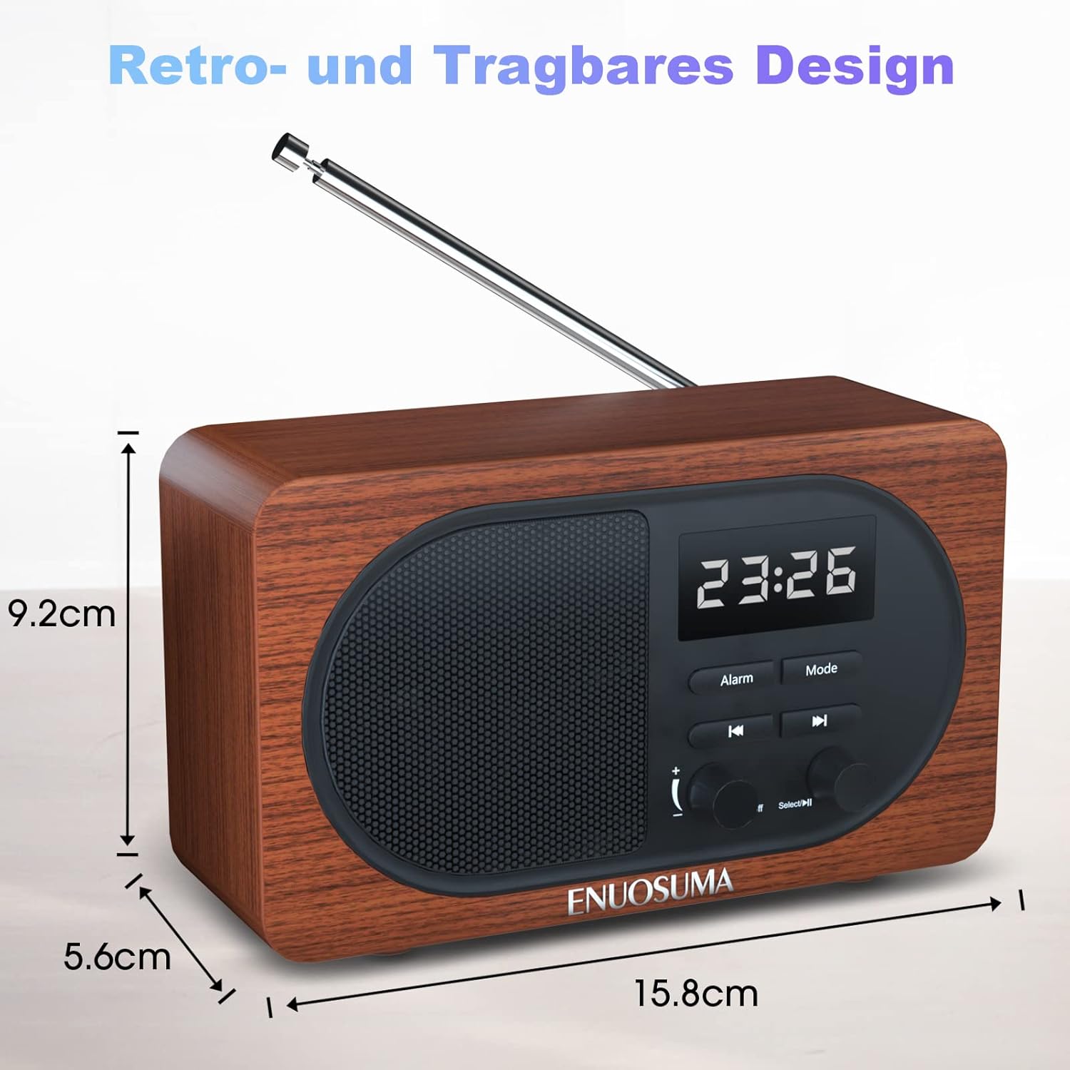 Diagram illustrating the function of each button and port on the ENUOSUMA Retro FM Radio.