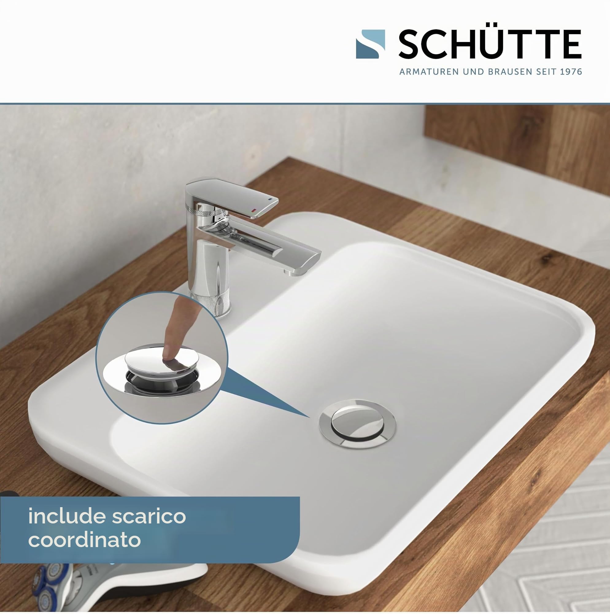 SCHÜTTE LIVERPOOL 33410 - Rubinetto per lavabo in elegante design cromato lucido, per il bagno, con eccentrico pop-up, miscelatore per bagno