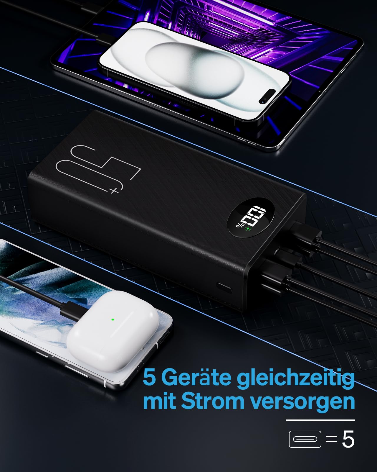 50000mAh Powerbank Tragbarer Ladegerät: 22,5 W Schnelllade-Externer Akku - Powerbank mit 5 Ausgängen & 2 Eingängen und Taschenlampe