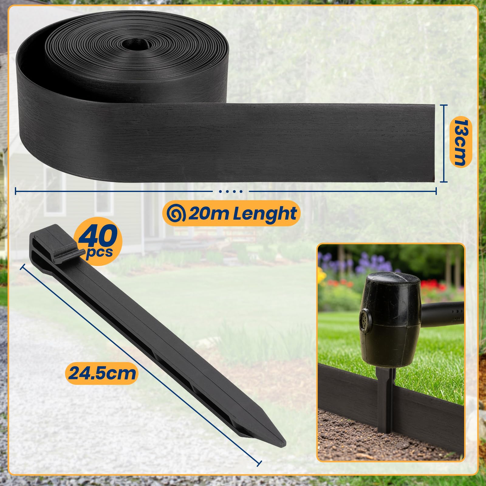 Velway Bordure de Jardin en Plastique Flexible 20 mètres, Hauteur 13cm - avec 40 Piquets d'ancrage – Délimitation Pelouse, Allée, Parterre – Bordurette Extérieure Facile à Installer
