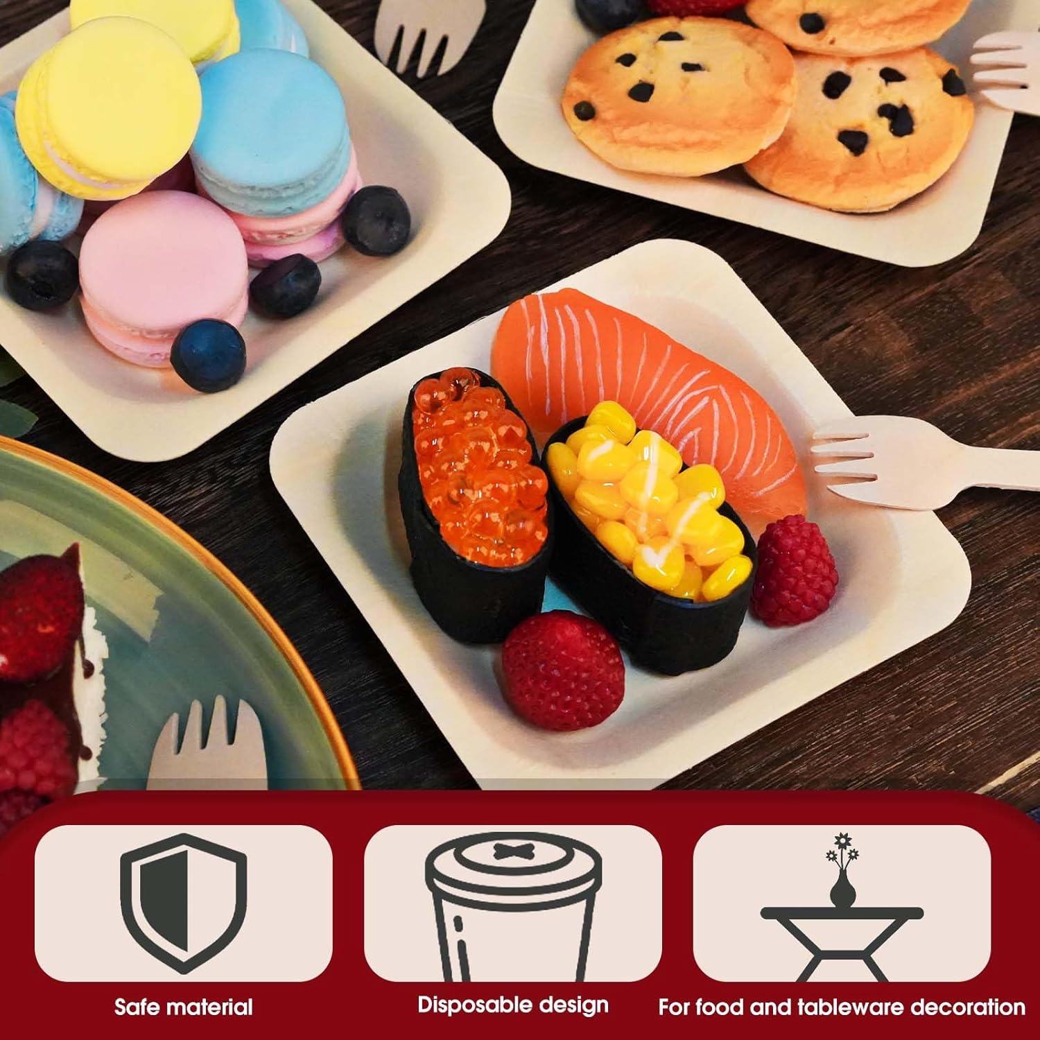 CONLI 300 Pcs Disposable Palm Leaf Bowls, Square Bamboo Appetizer Plates, Compostable Wood Plates with Bamboo Forks for Birthday Wedding Party, Dessert, Catering and Home Use (4.4 x 4.4x0.5 Inch)