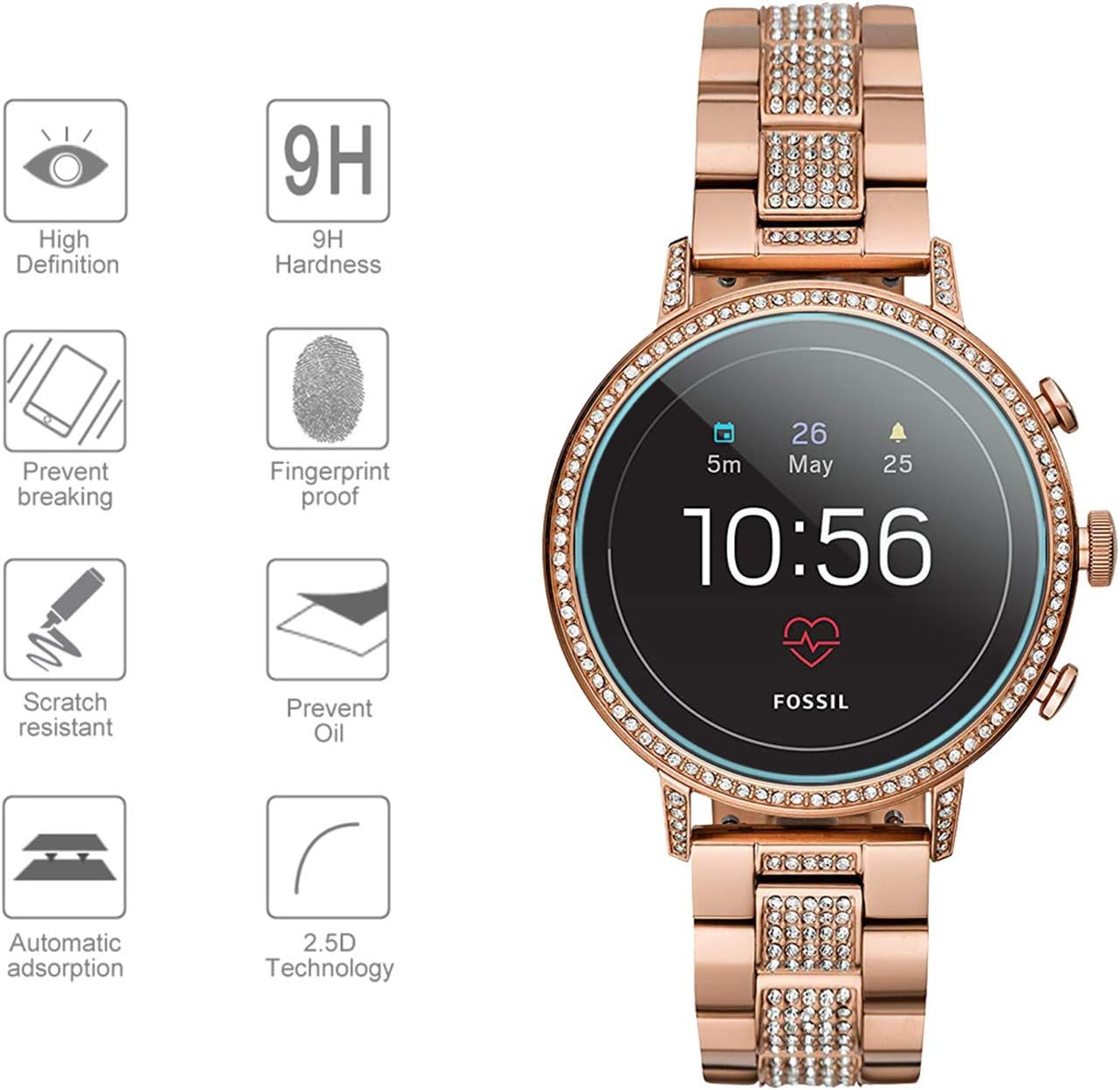 Diruite 3-Pack for Fossil Q Venture HR Screen Protector Tempered Glass for Fossil Q Venture Gen 4 Smartwatch [2.5D 9H Hardness][Anti-Scratch][Optimized Fit Version]