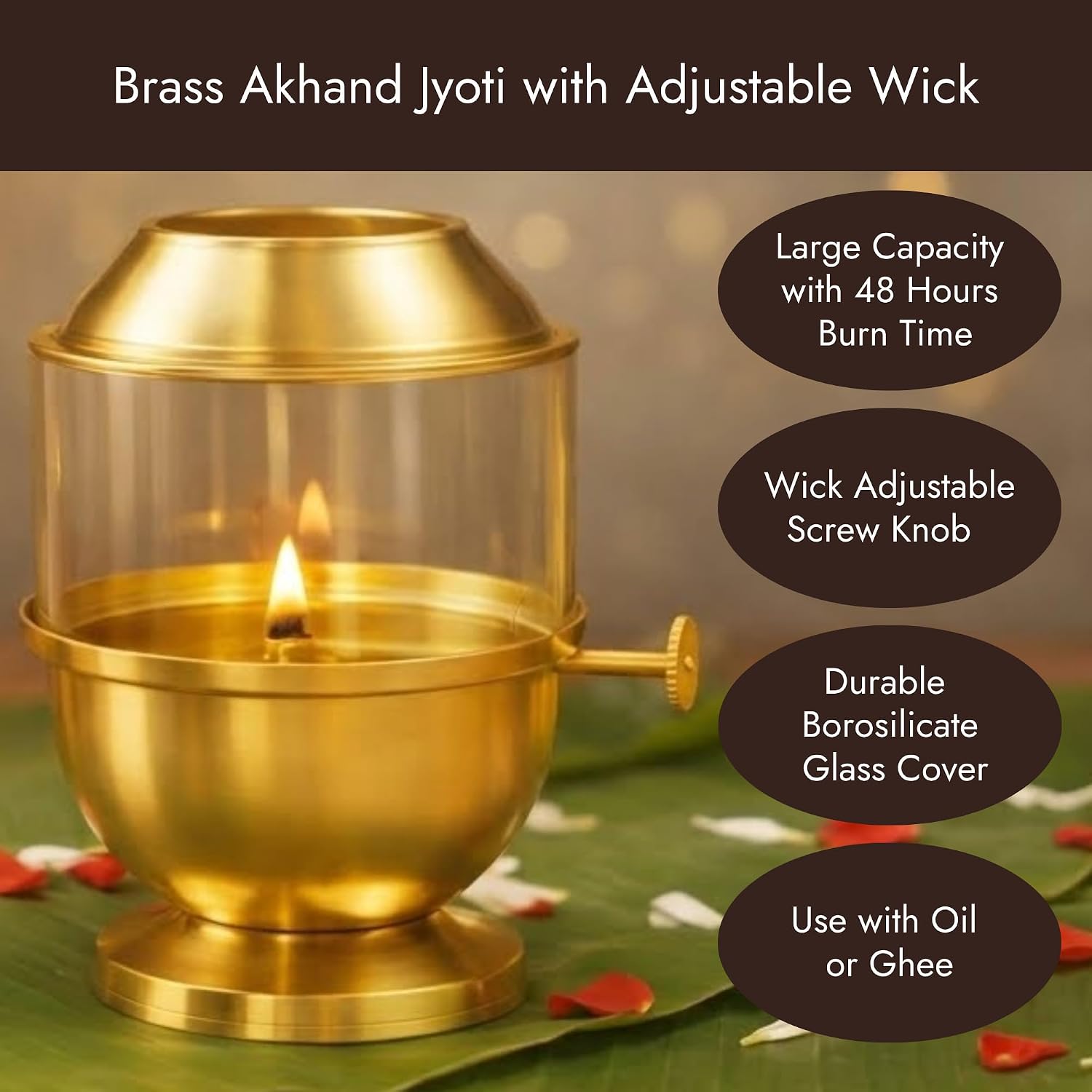 ServDharm Oil Lamp Brass I Akhand Jyoti Diya with Borosilicate Glass and Adjustable Wicks for Puja and Festive Gifting | Long Lasting Oil Lamp with 48 Hours Burn Time (8.5 fl oz), 2 Wicks Included