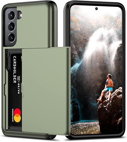 Nvollnoe Funda para Samsung S21 FE con tarjetero de doble capa de protección resistente para Galaxy S21 FE 5G 6.4" (verde)
