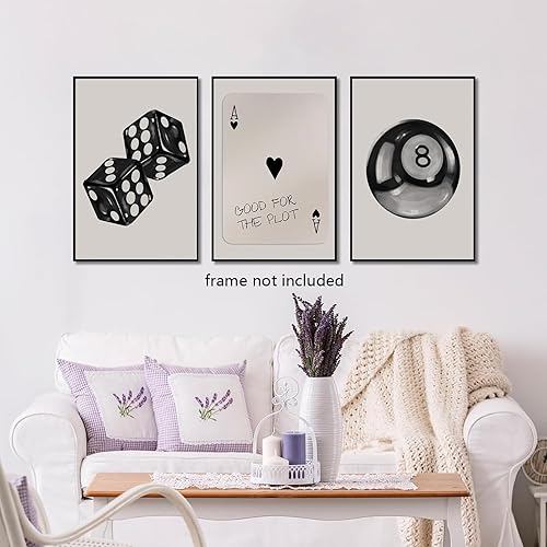 Miniatura 2 de 3 piezas de dados de póquer en blanco y negro, arte de pared retro Y2K moderno preppy imágenes de la suerte 8 bolas, impresiones en lienzo, pintura