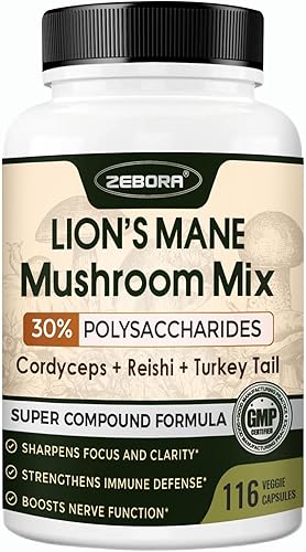 Cápsulas de suplemento de melena de leones, suplemento de hongos con melena de león, cordyceps, reishi, cola de pavo, shiitake, suplemento de melena