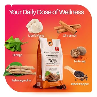 Focus Coffee with Superfoods - Organic Probiotic Mushroom Ground Bagged Coffee, Supports Healthy Focus & Digestion, Infused with Ashwagandha, Lion's Mane, and Cinnamon, USDA Certified Organic - 10 oz