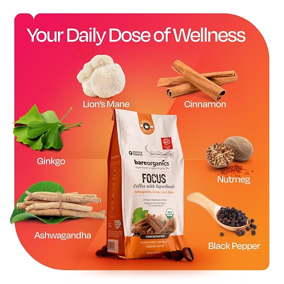 Focus Coffee with Superfoods - Organic Probiotic Mushroom Ground Bagged Coffee, Supports Healthy Focus & Digestion, Infused with Ashwagandha, Lion's Mane, and Cinnamon, USDA Certified Organic - 10 oz