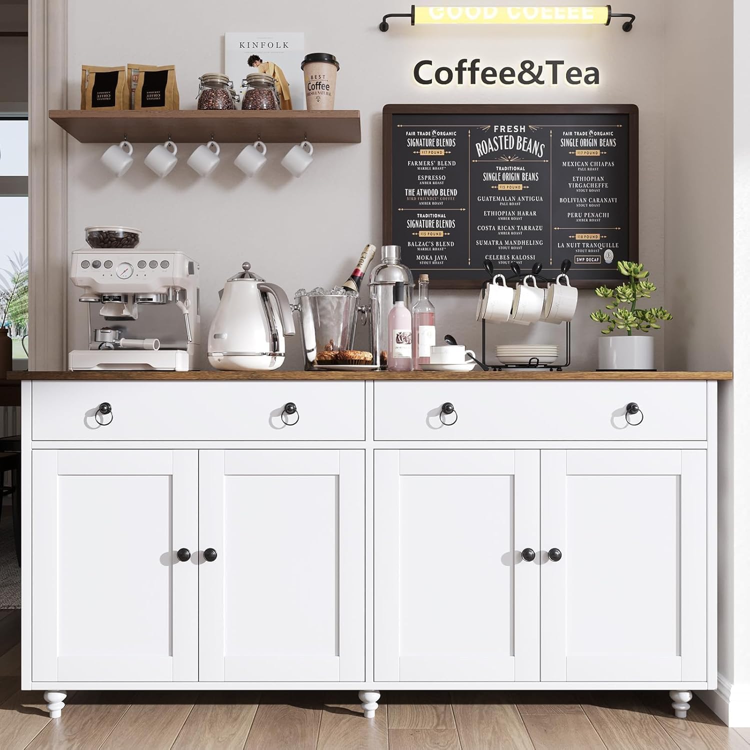 4 EVER WINNER Buffet Cabinet with Storage, 55'' Large Farmhouse Storage Cabinet with 2 Drawers and 4 Doors, Coffee Bar Cabinet with Adjustable Shelves for Kitchen, Dining Room, White