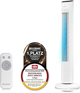 Brandson - Turmventilator – sehr leise - Schlaf Modus – Sieger Ventilatoren und Luftkühler 2026-12 Geschwindigkeitsstufen – Oszillation – mit Fernbedienung - weiß