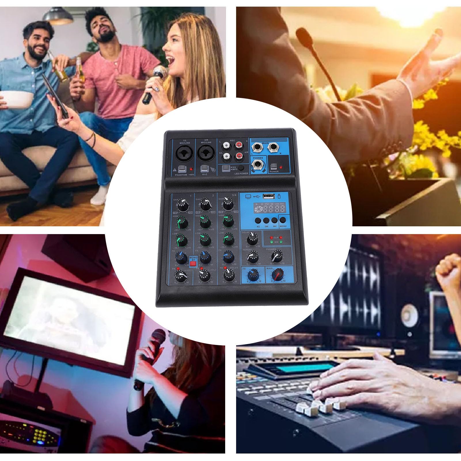 Mixer Audio a 4 Canali, Console di Mixaggio a Basso Rumore con Doppio Microfono Cordless, Mixer Audio Bluetooth, Luci a LED, per Registrazione Karaoke da Studio DJ