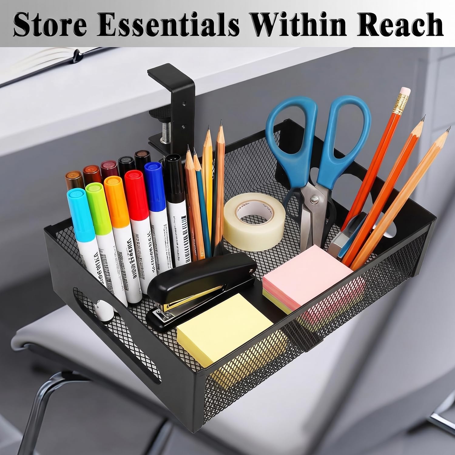 Organizer da scrivania con rotazione a 360°, installazione a morsetto senza trapano, robusto cassetto portaoggetti in rete per casa, ufficio, matite, forniture artistiche e altro (nero)