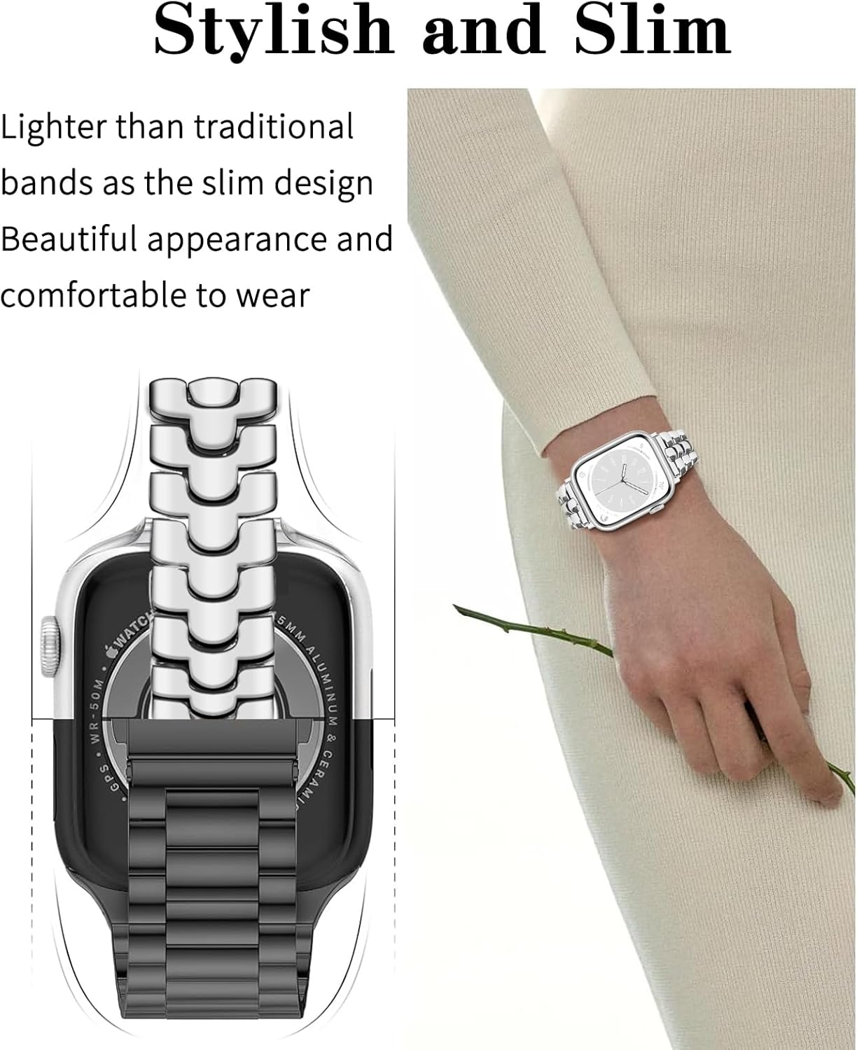 Thin Metal Band Compatible with Apple Watch Band 38mm 40mm 41mm 42mm 44mm 45mm 49mm, Dressy Stainless Steel Chain Strap, Slim Fancy iWatch Band with Case for Women Men