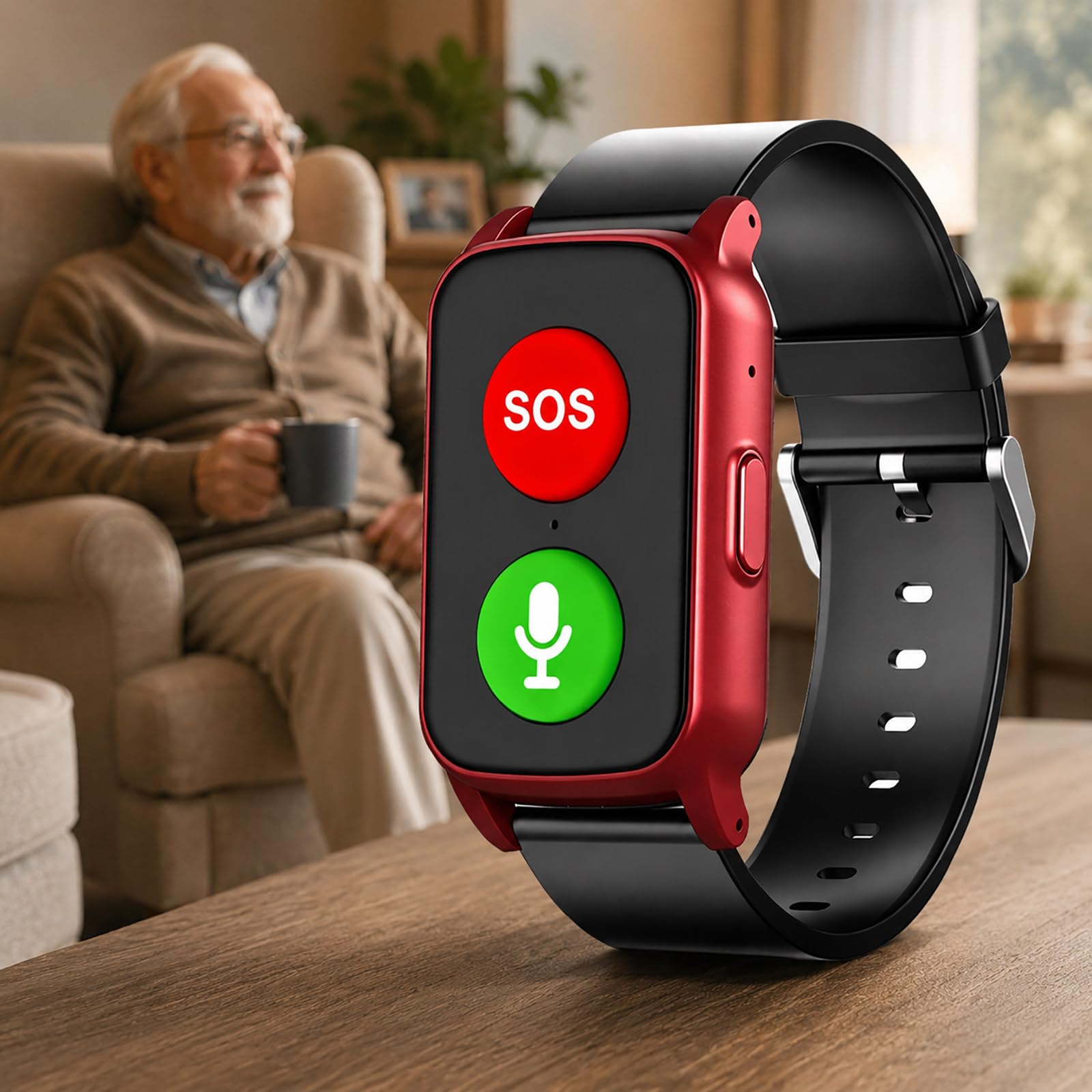 Montre d’Urgence GPS pour Seniors - Bouton SOS, Suivi de Position, Appels aux Contacts et Indice IP67 Red