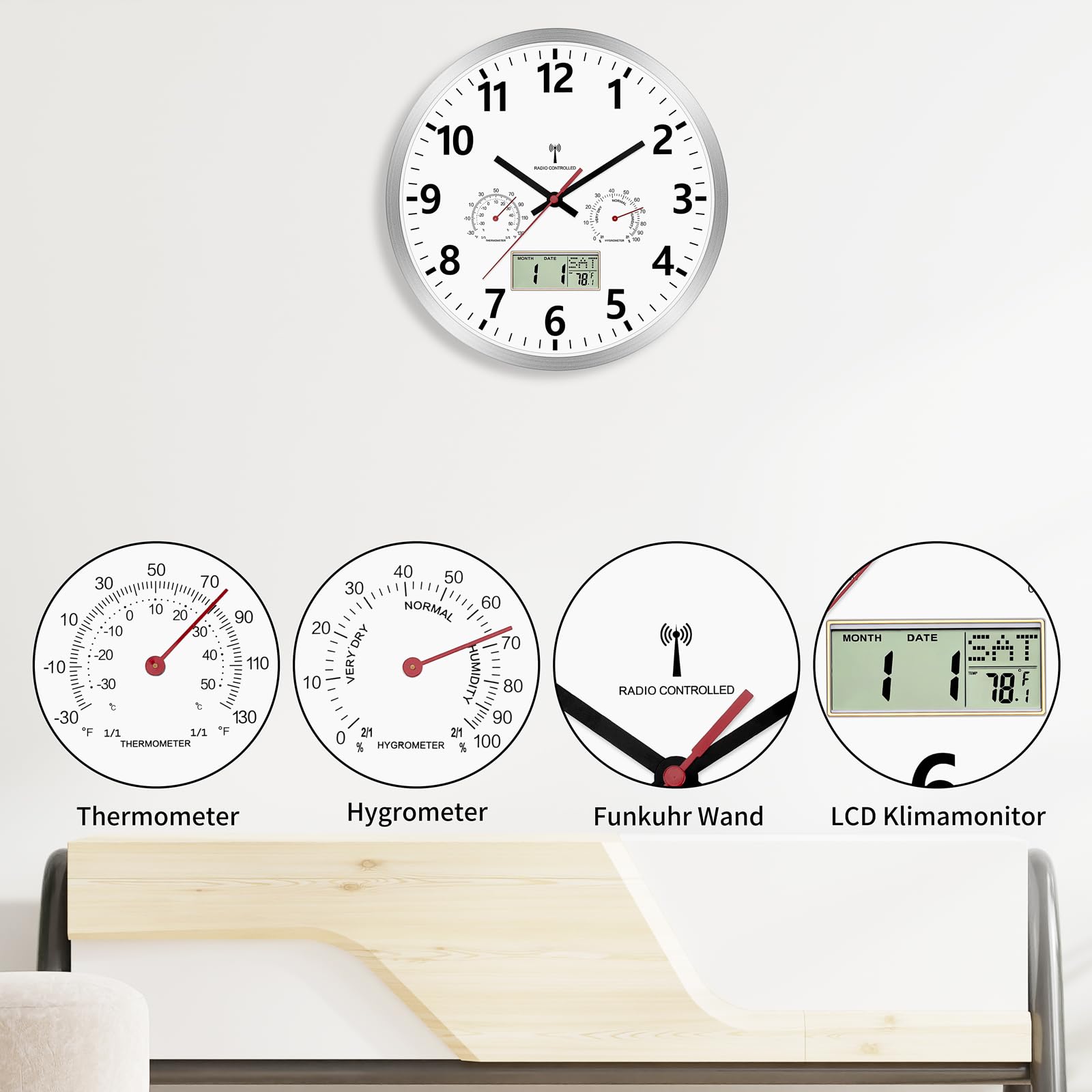 Foxtop Horloge Murale Radio-Pilotée 30 cm avec Hygromètre Thermomètre Écran LCD