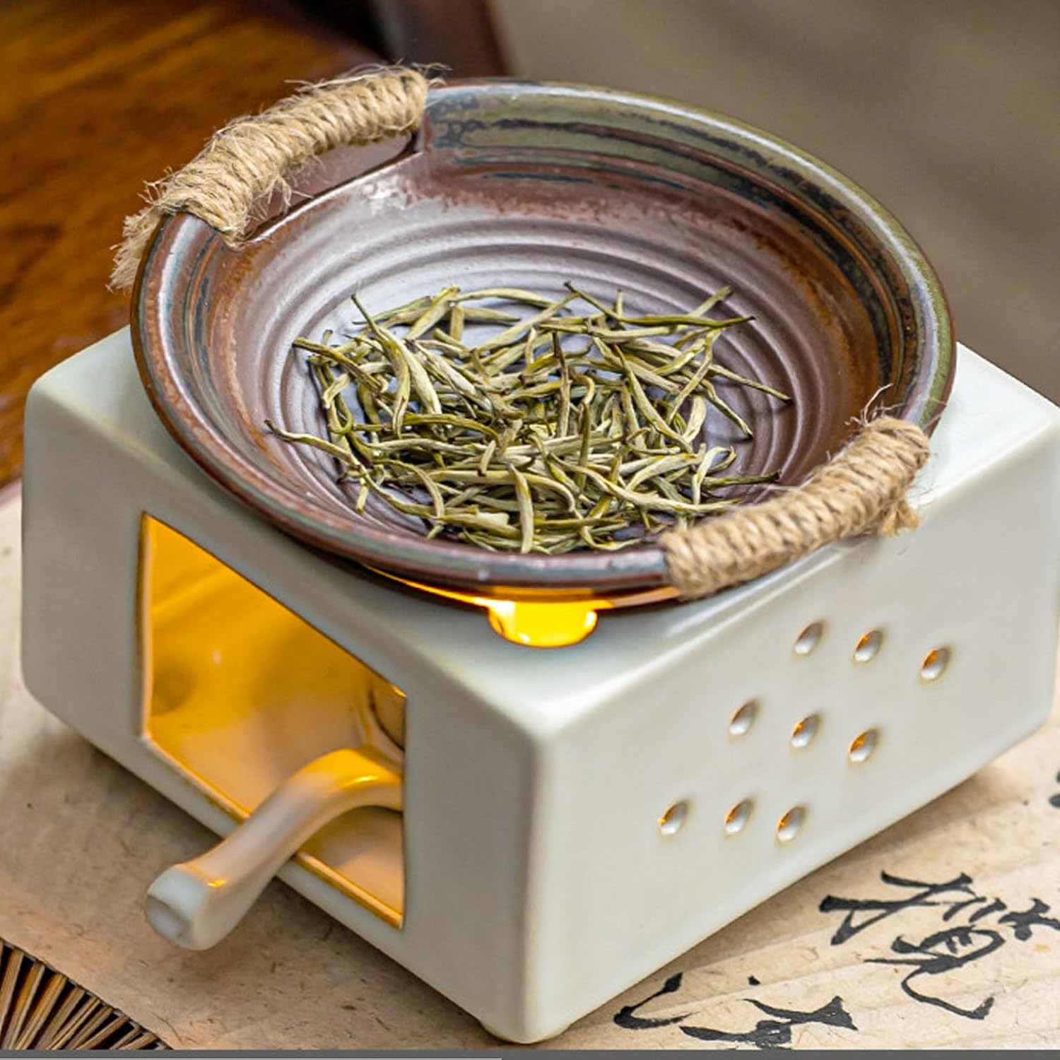 Square Ceramic Teapot Warmer 15.5cm Antique White Glaze with Earth Detachable Tealight Holder for Coffee Milk Tea Home Decor Gift-B