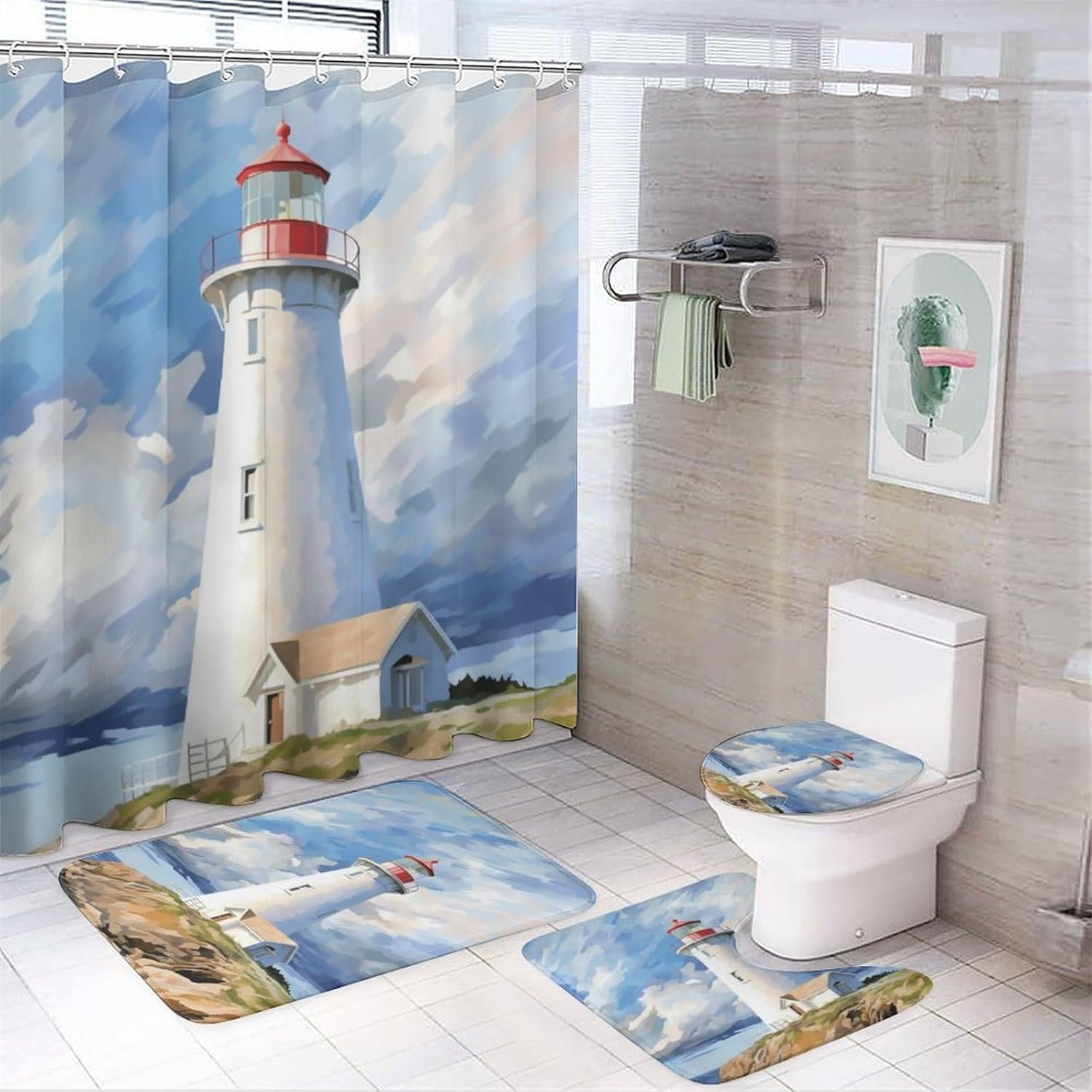4Pcs Retro White Lighthouse Waterproof Shower Curtain Sets for Bathroom,Abstract Watercolor Coastal Style Bathroom Decor Set with Shower Curtain and Rugs and Accessories
