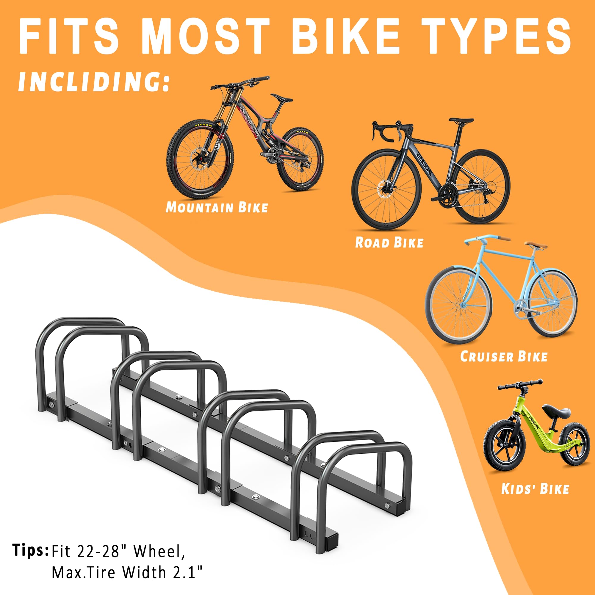 Ultrawall Bike Storage Rack for Garage, 4 Bikes Floor Bike Stand, Bicycle Parking Holder Stand for Indoor/Outdoor, Fit 22-28" Wheel Tire Width 2.1"