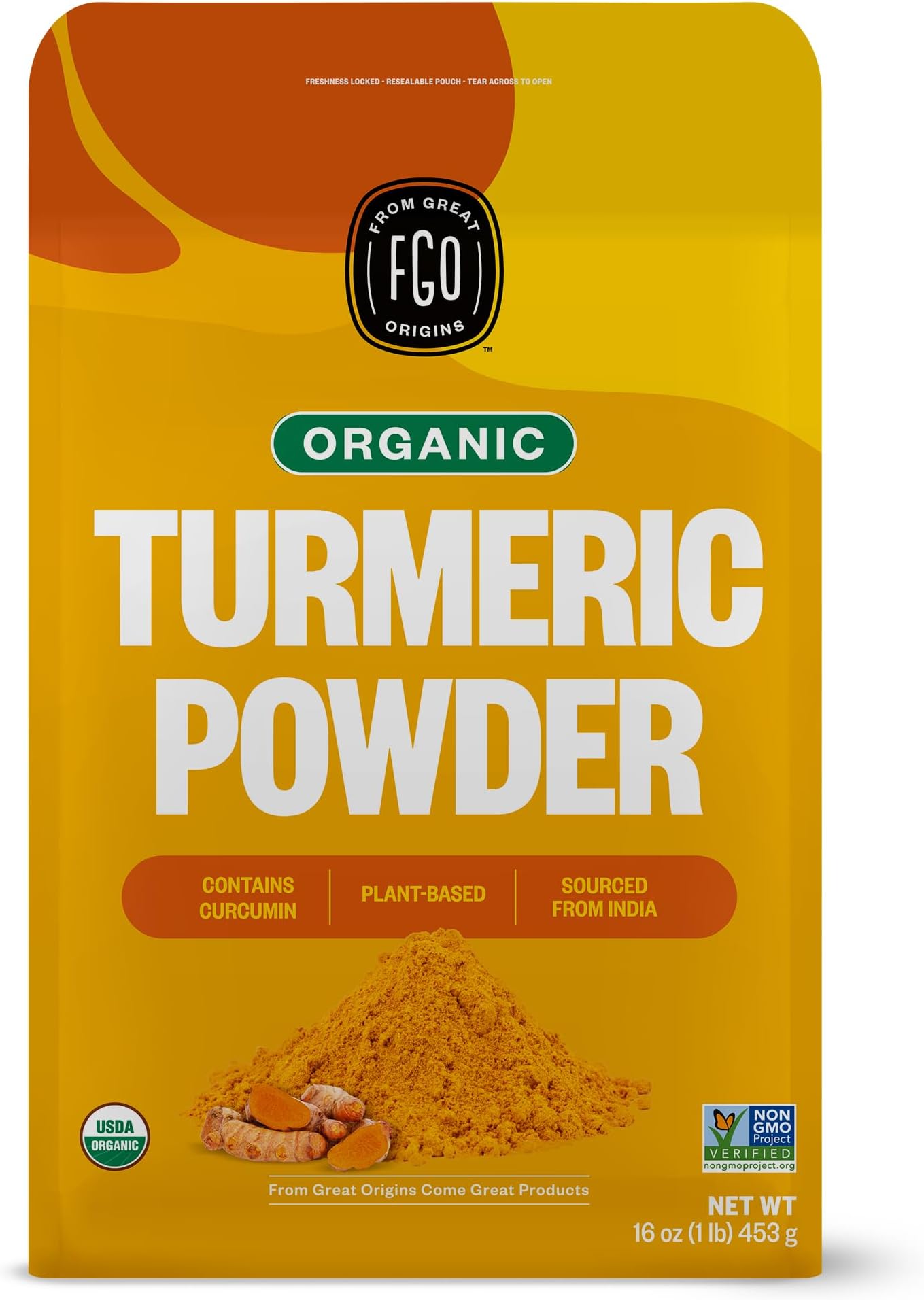 Organic Turmeric Powder w/Curcumin, 1 Pound / 16oz Bulk Resealable Pouch, USDA Organic and Non-GMO, Sourced from India, Packaging May Vary (Pack of 1)
