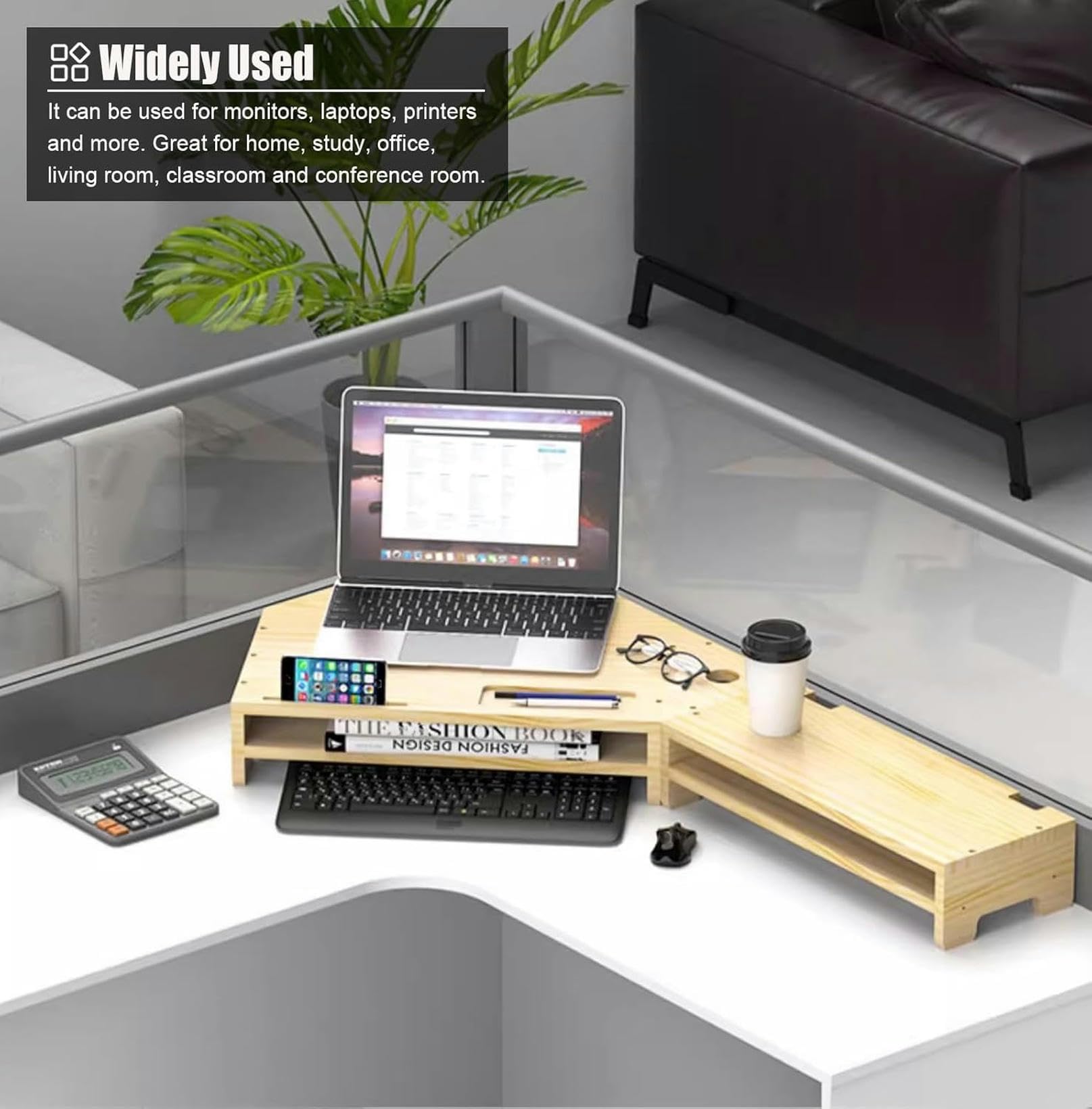 Supporto per monitor angolare, supporto per computer resistente a 2 livelli, ripiano angolare per monitor in legno massello con spazio di archiviazione, supporto per laptop da scrivania triangolare