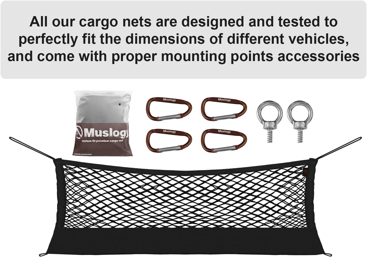 Muslogy Truck Bed Cargo Net Trunk Netting Compatible with 2024 2025 2026 Toyota Tacoma Accessories, Pickup Cargo Organizer SUV Sedan Storage Net w/Heavy Duty Carabiners
