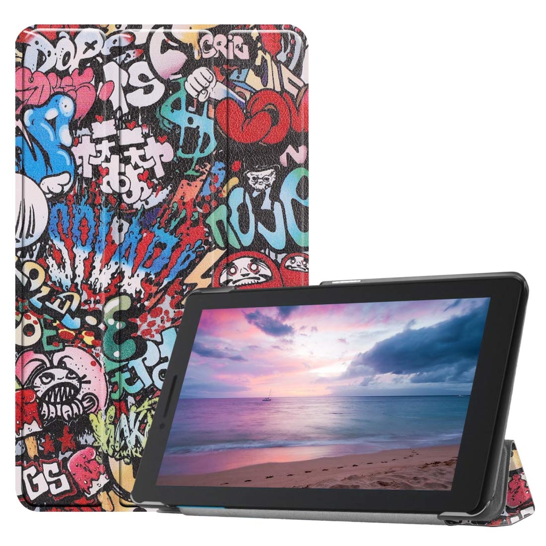 Coque protection Lenovo Tab E8 motif graffiti avec support réglable