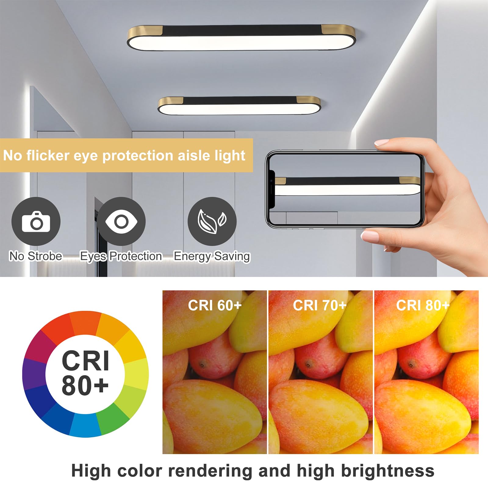 Tioolo Dimmbare LED-Deckenleuchten für Unterputzmontage, 1,2 m, LED-Surround-Deckenleuchte mit linearem Fernlichtzubehör für Küche, Waschküche, Schrank, Garage, Büro, Flur (60 W)