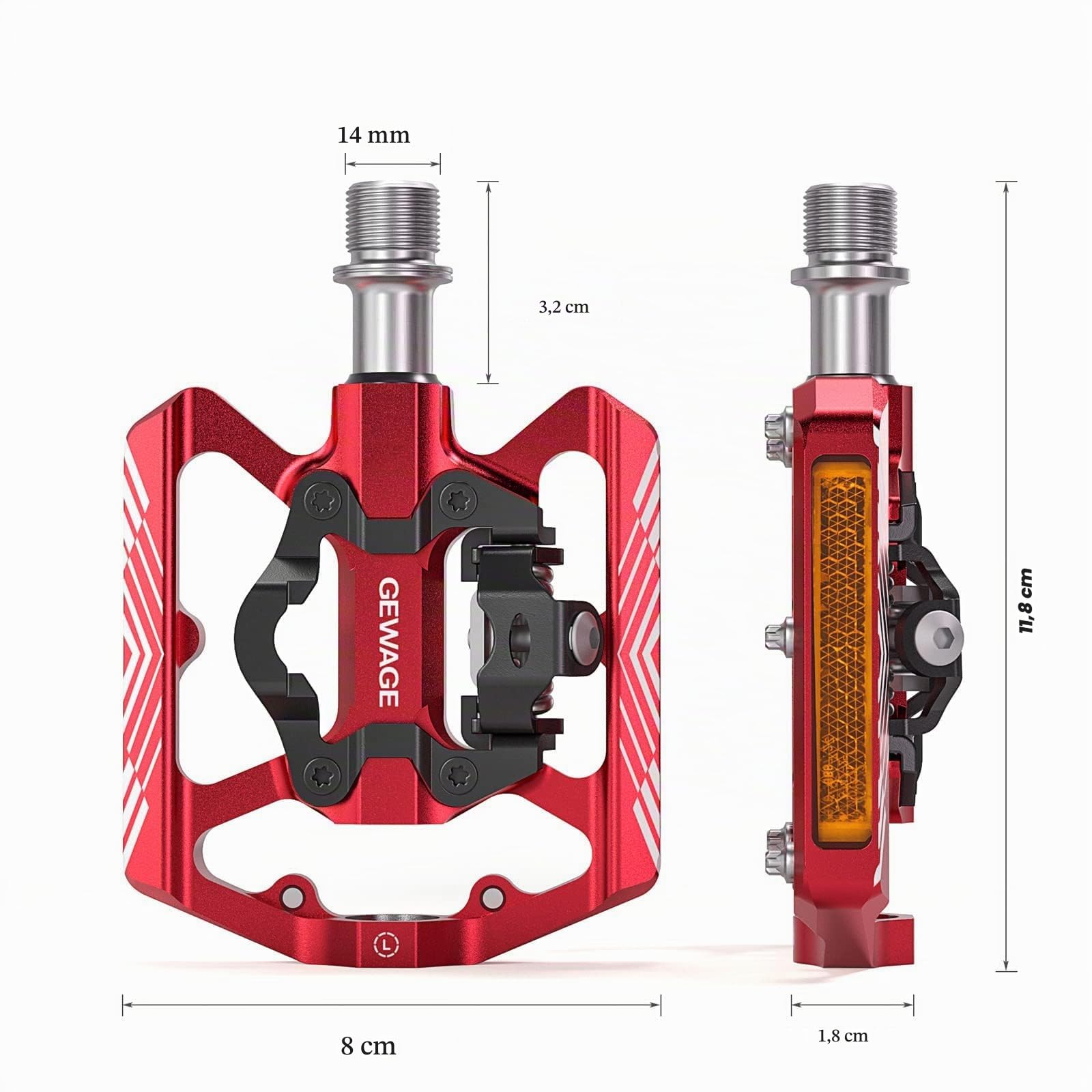 GEWAGE Pedales Automáticos MTB 2 en 1 con Reflectores – Lado Plataforma y Lado de 2 Orificios, Aluminio CNC, Eje CrMo, Casquillos DU Sellados, Rosca 9/16", 384 g