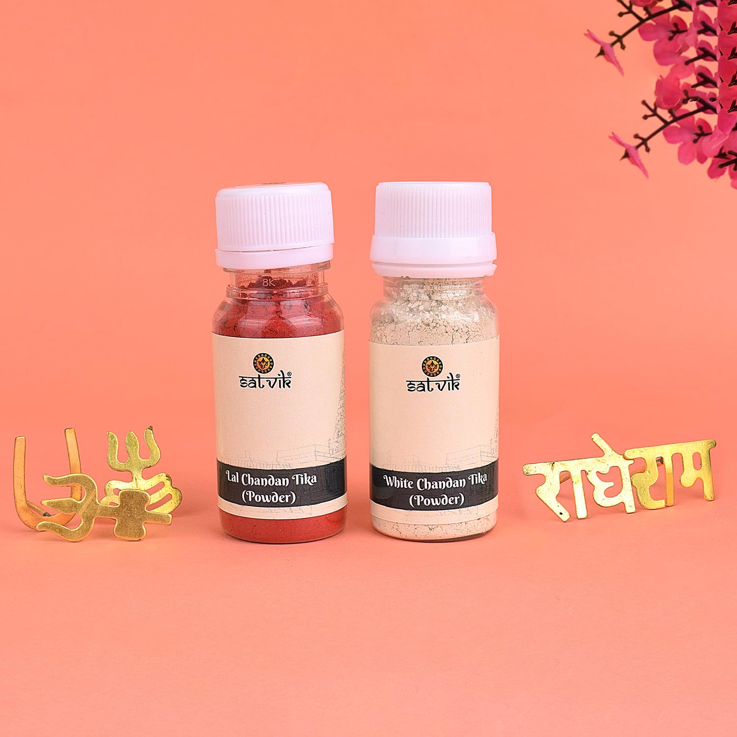 SATVIK 5 Pc Assorted Brass Tilak Stamp with Red Chandan & White Chandan Tikka Powder Tilak/Teeka Applicator for Forehead Dry Lal Safed Sandalwood Powder Home Mandir Festive Daily Poojan Puja Items