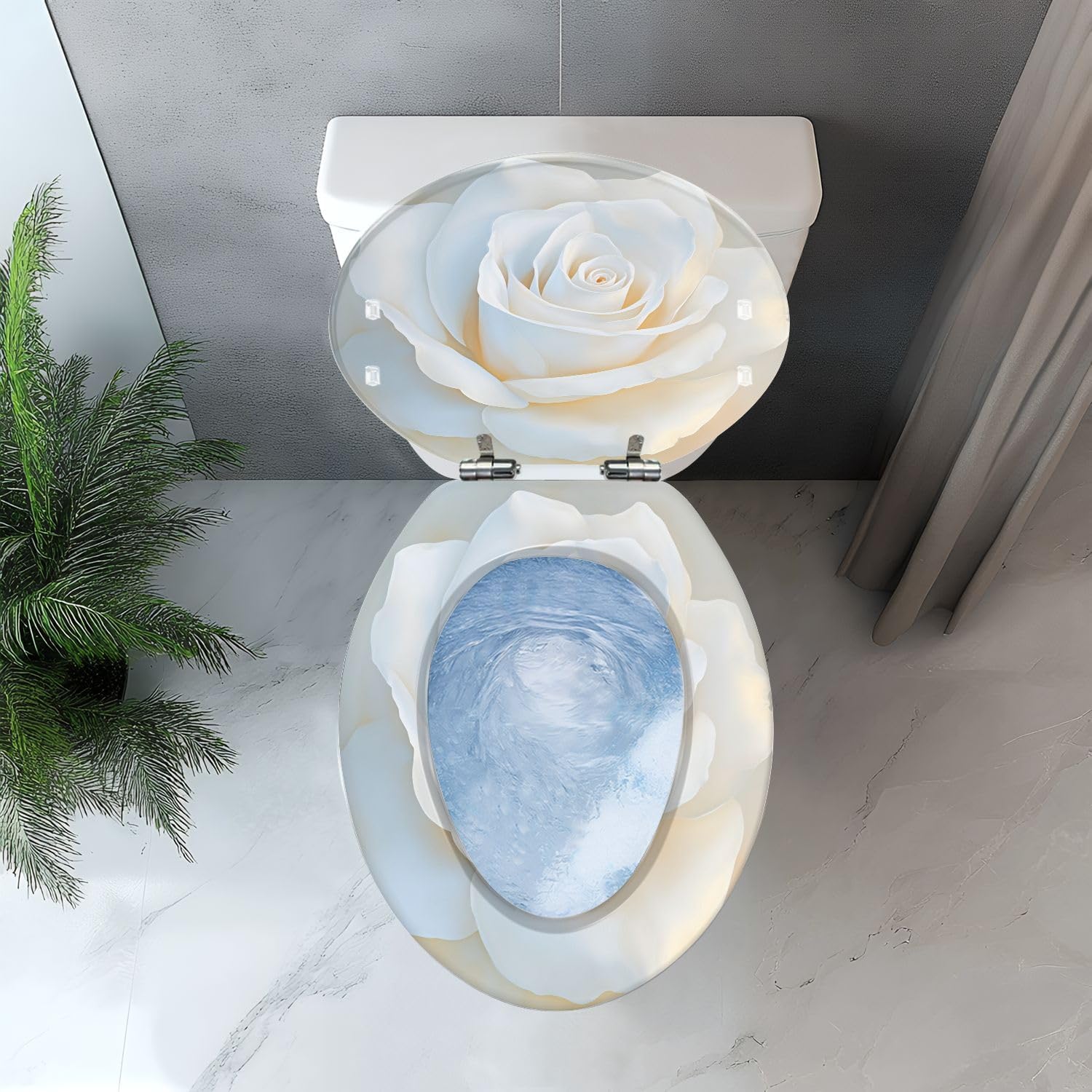 Elongated Toilet Seat Soft White Rose Elegant Bloom Delicate Petals Resin Toilet Seat with Quietly Close Quick Release Hinges Decorative Toilet Seat with Cover Easy to Clean and Install