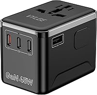 VYLEE 45W Universal Travel Adapter: PD Fast Charging 5-Port International Plug for 200+ Countries USA EU UK AUS Japan (Black)
