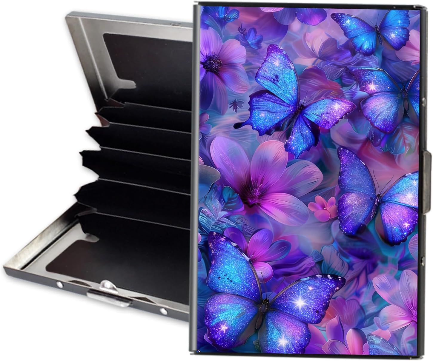 Metal Wallet, Minimalist Aluminum RFID Wallet & Credit Cards Wallets, Blue Butterflies 6 Slots Front Pocket Card Case, Slim Mini RFID Blocking Credit Card Holder for Men & Women