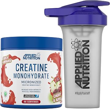 Applied Nutrition Creatine + 700ml Shaker | Creatine Monohydrate Micronized Powder with Flavour, Increases High-Intensity Physical Performance 250g - 50 Servings Cherry & Apple