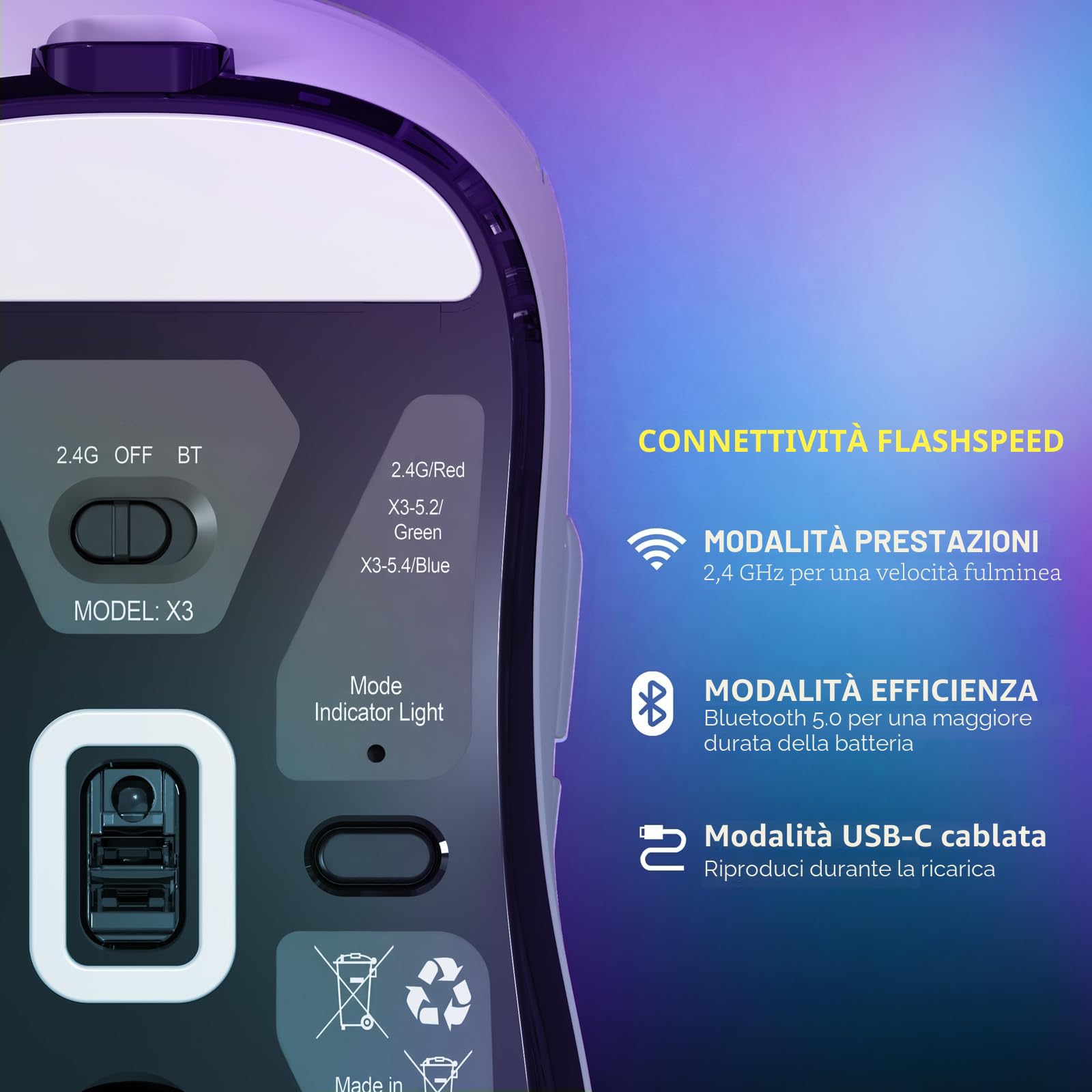 MANBASNAKE Mouse da gioco wireless, 49 g, ergonomico per computer, tripla modalità PAW3395, sensore ottico 26K DPI, durata della batteria 200 ore, pulsanti programmabili, accessori da gioco per